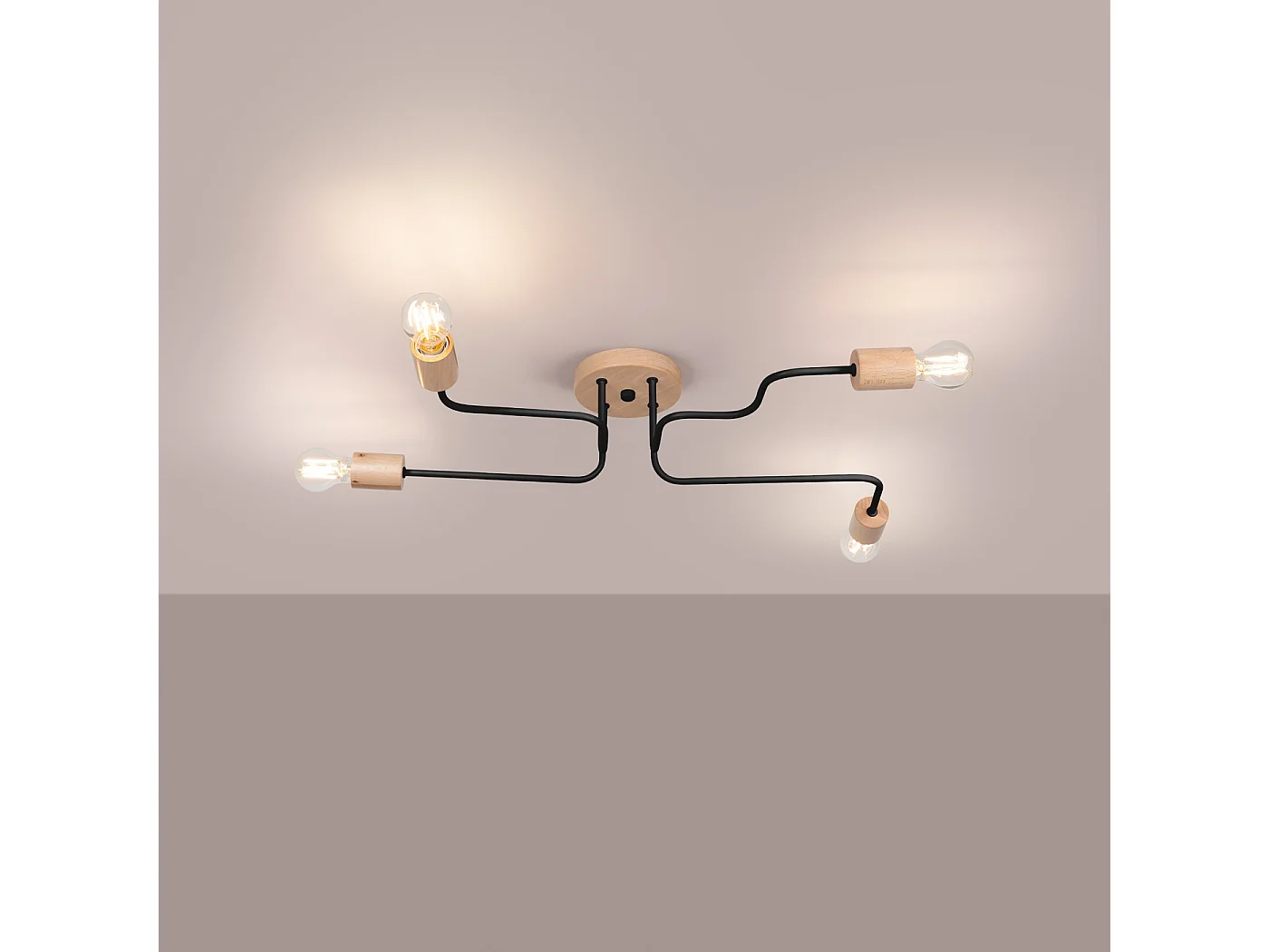 Lustre Timbo Grenier En Acier/Bois - 4 Sources Lumineuses - L.75 X H.16,5 Cm - Noir/Bois Naturel
