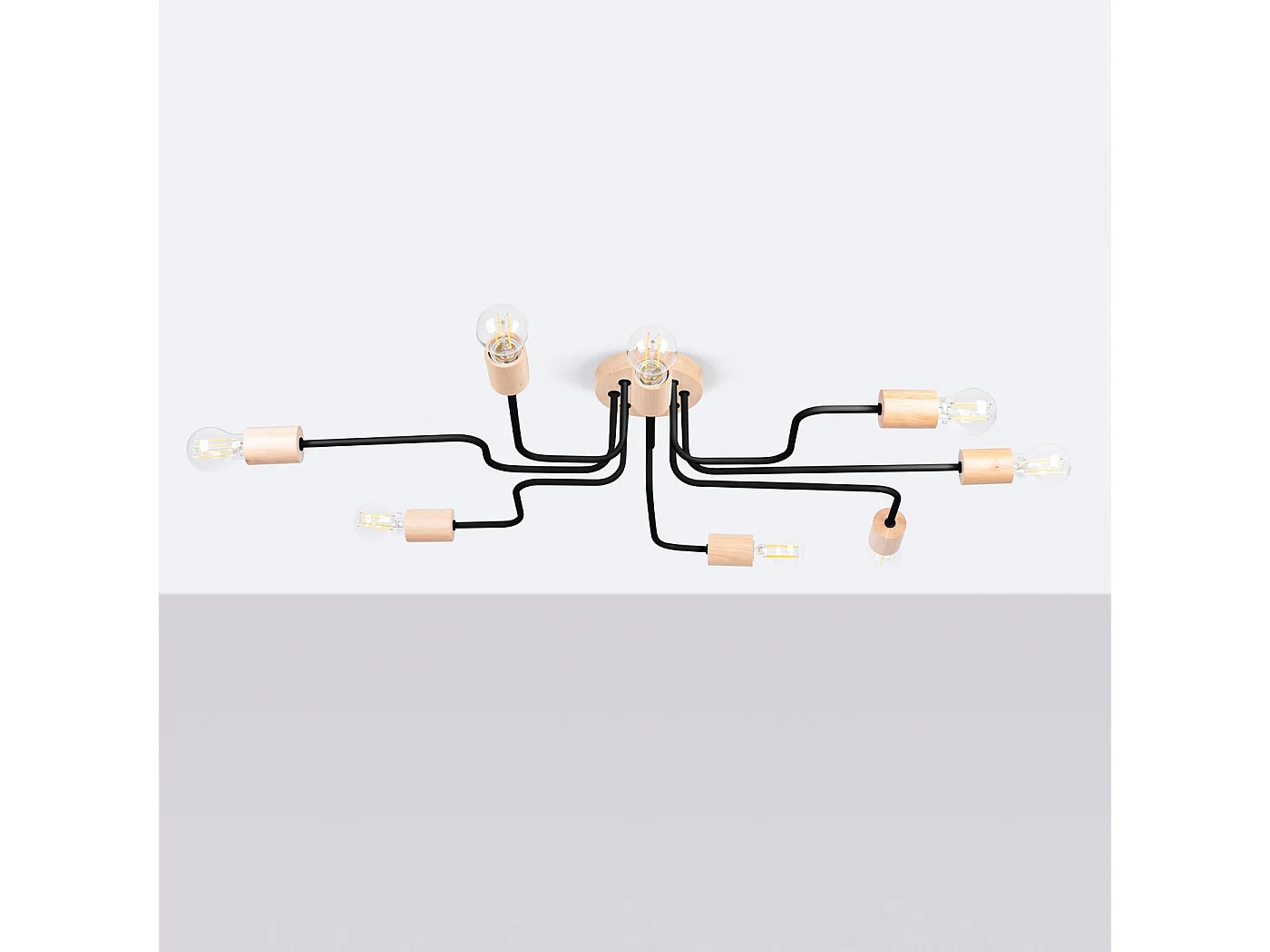 Lustre Timbo Grenier En Acier/Bois - 8 Sources Lumineuses - L.100 X H.16,5 Cm - Noir/Bois Naturel