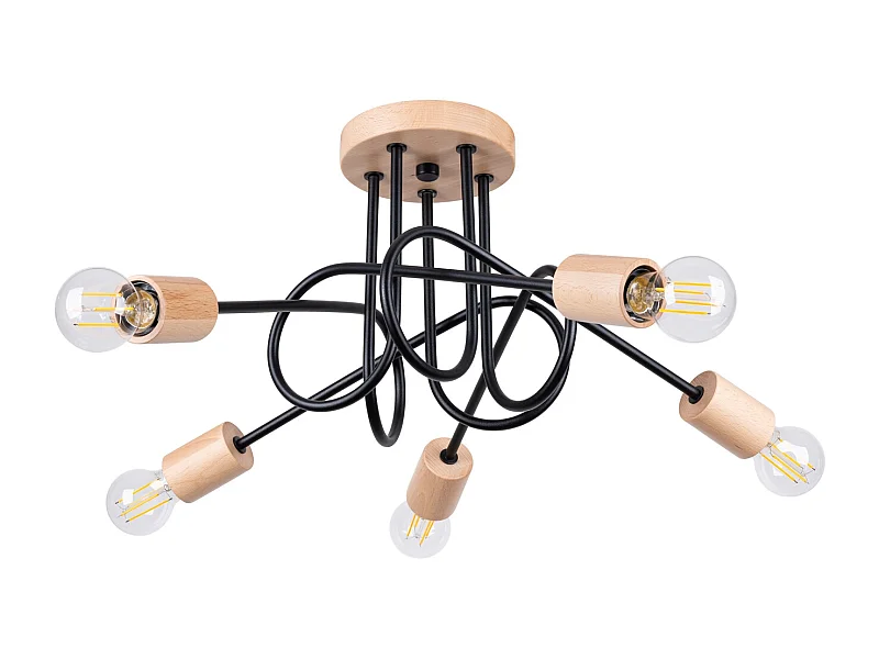 Lustre Ember Minimaliste En Acier/Bois - 5 Sources Lumineuses - L.15 X H.26 Cm - Noir/Bois Naturel