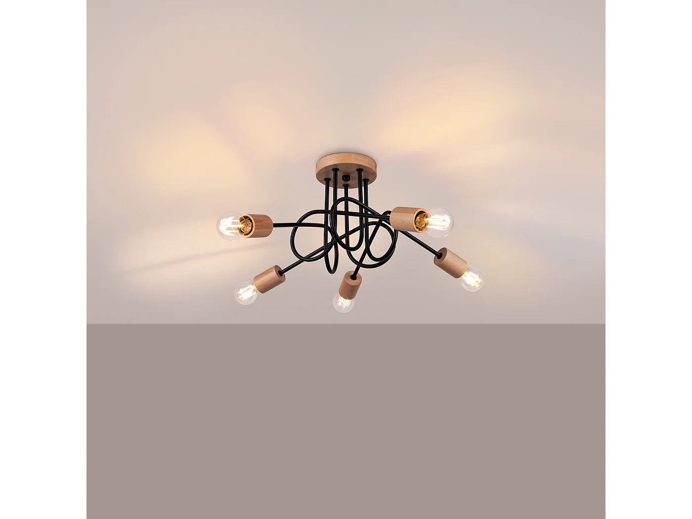 Lustre Ember Minimaliste En Acier/Bois - 5 Sources Lumineuses - L.15 X H.26 Cm - Noir/Bois Naturel