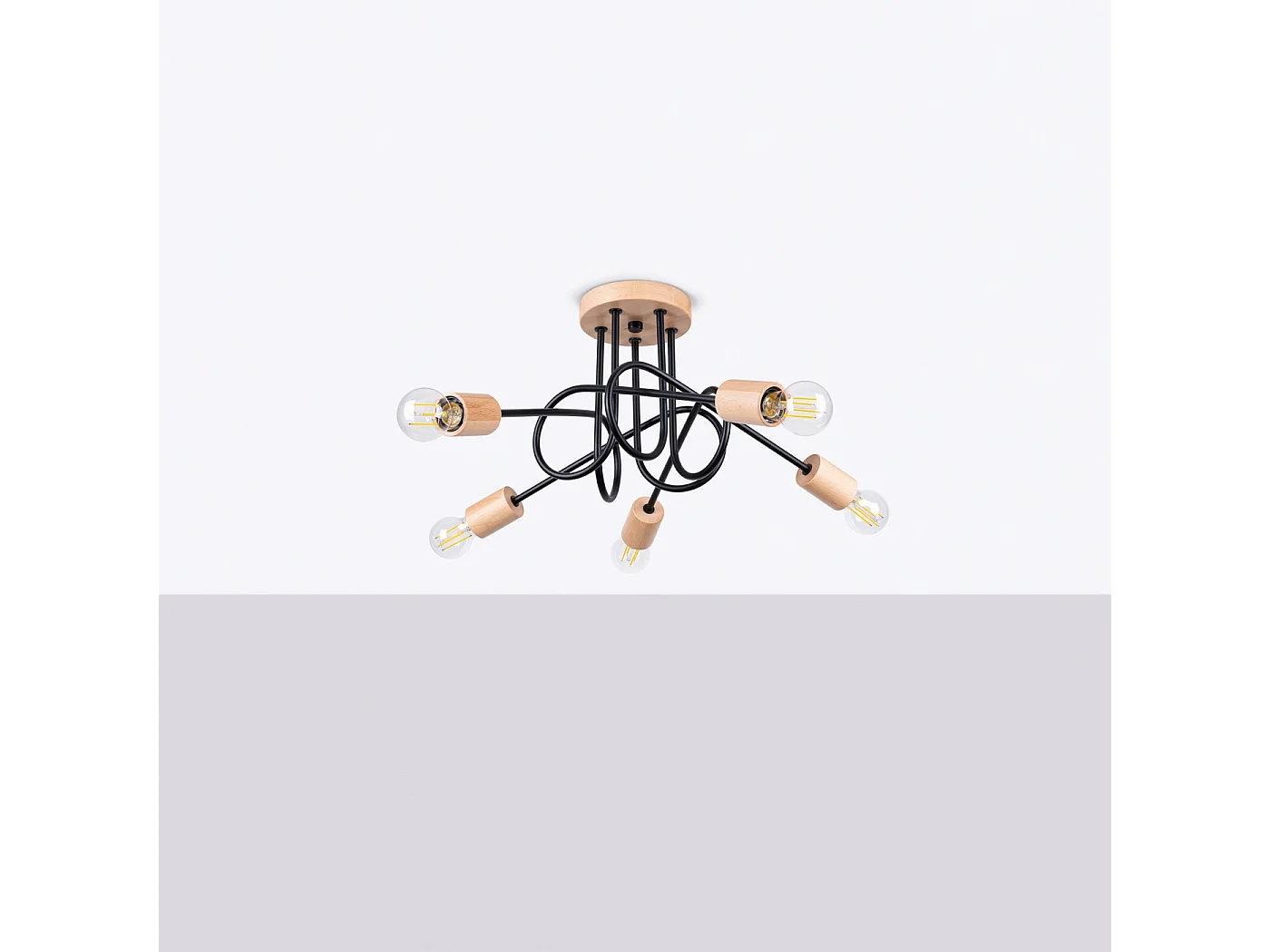 Lustre EMBER minimalista, aço/madeira - 5 lichtbronnen - L.15 x H.26 cm - madeira preta/natural