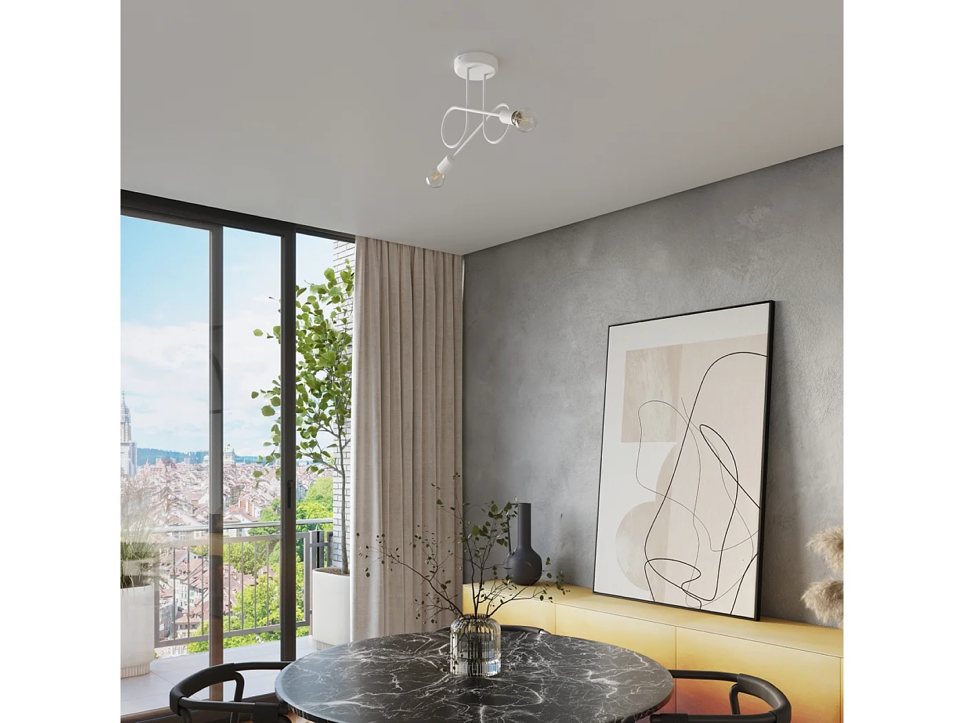 Żyrandol Minimalistyczny Loop, Stal - 2 Źródło - L.57 X H.25.5 Cm - Biały