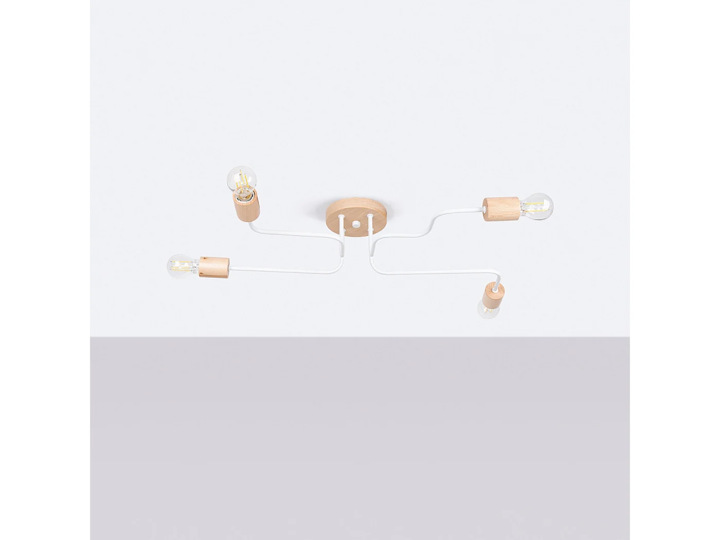 Lustre Timbo Grenier En Acier/Bois - 4 Sources Lumineuses - L.75 X H.16,5 Cm - Blanc/Bois Naturel
