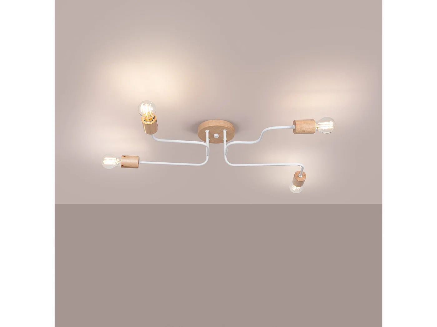 Lustre Timbo Grenier En Acier/Bois - 4 Sources Lumineuses - L.75 X H.16,5 Cm - Blanc/Bois Naturel