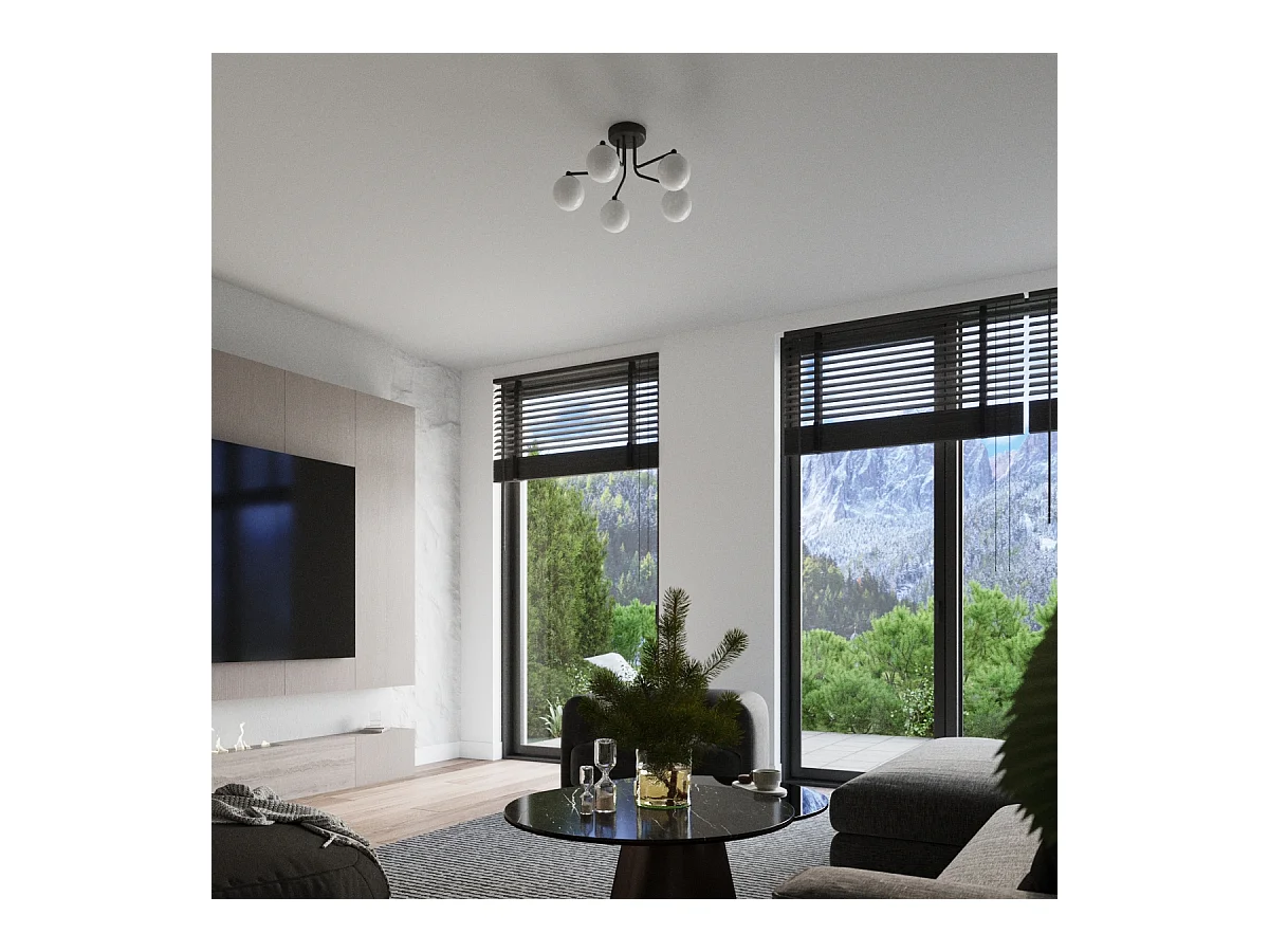 Lustre Astral Minimaliste En Acier/Verre - 5 Sources Lumineuses - L.58 X H.29 Cm - Noir/Blanc