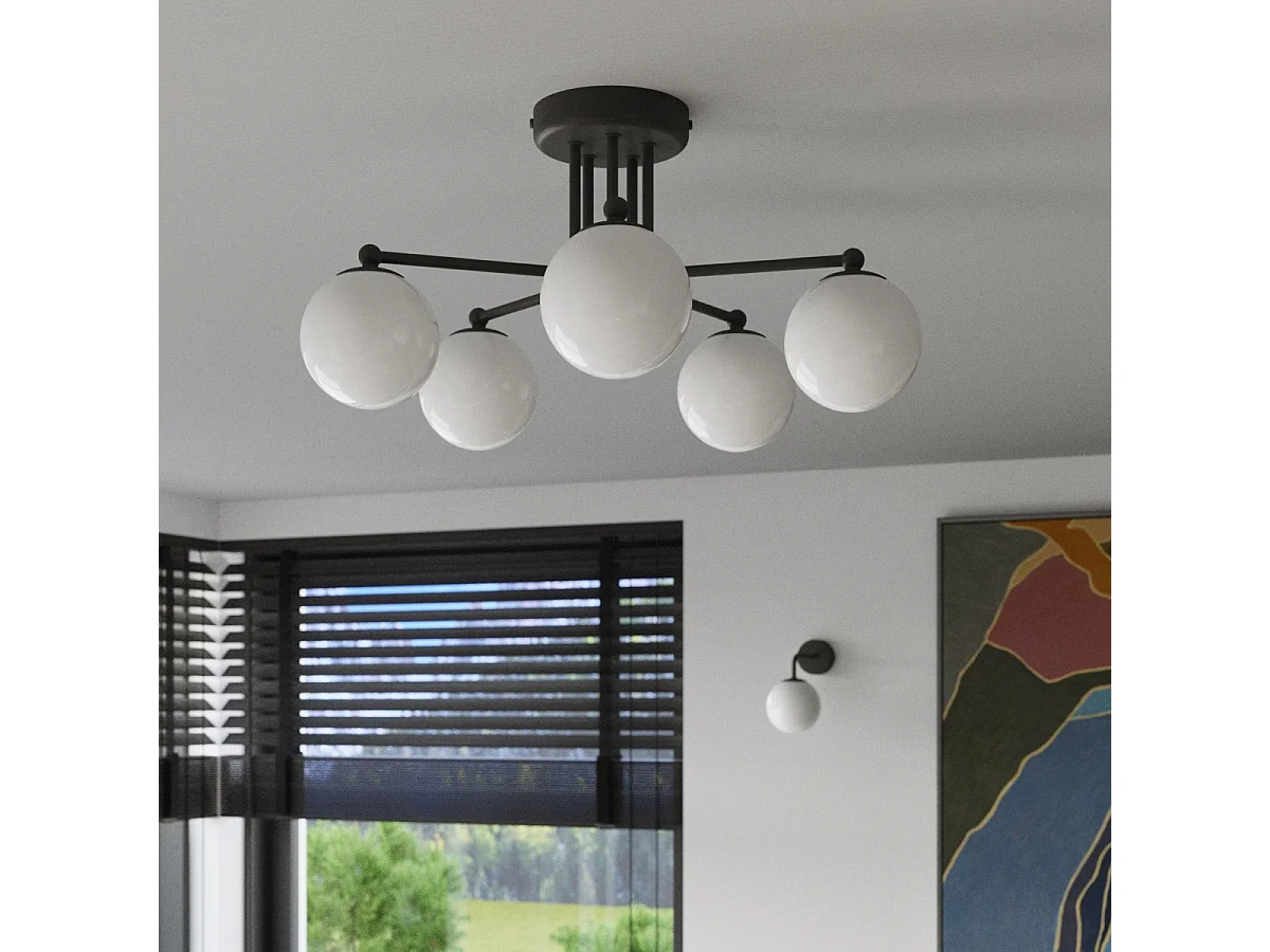Lustre ASTRAL minimalista, aço/vidro - 5 lichtbronnen - L.58 x H.29 cm - preto/branco