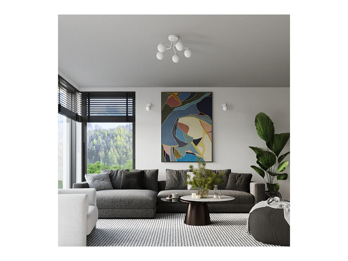 Lustre Astral Minimaliste En Acier/Verre - 5 Sources Lumineuses - L.58 X H.29 Cm - Blanc