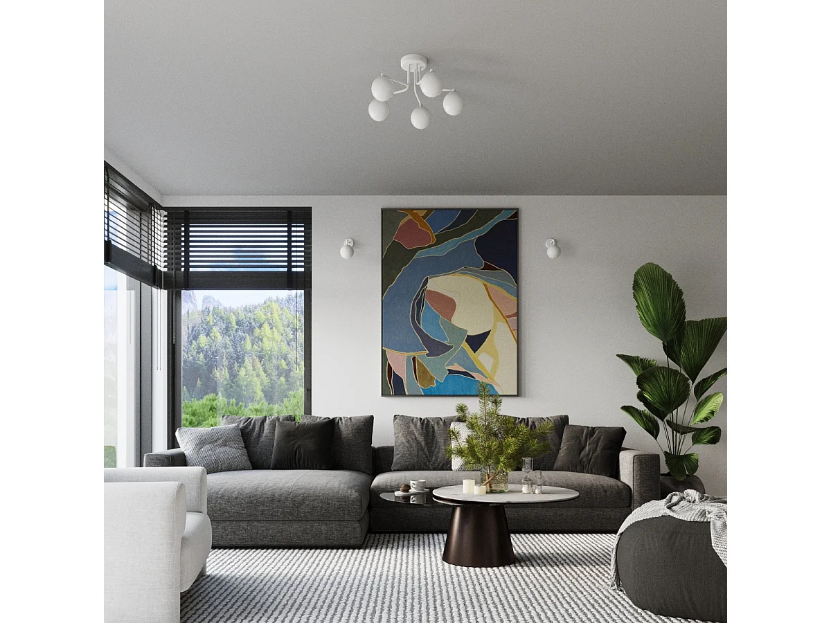 Lustre ASTRAL minimalista, aço/vidro - 5 lichtbronnen - L.58 x H.29 cm - branco