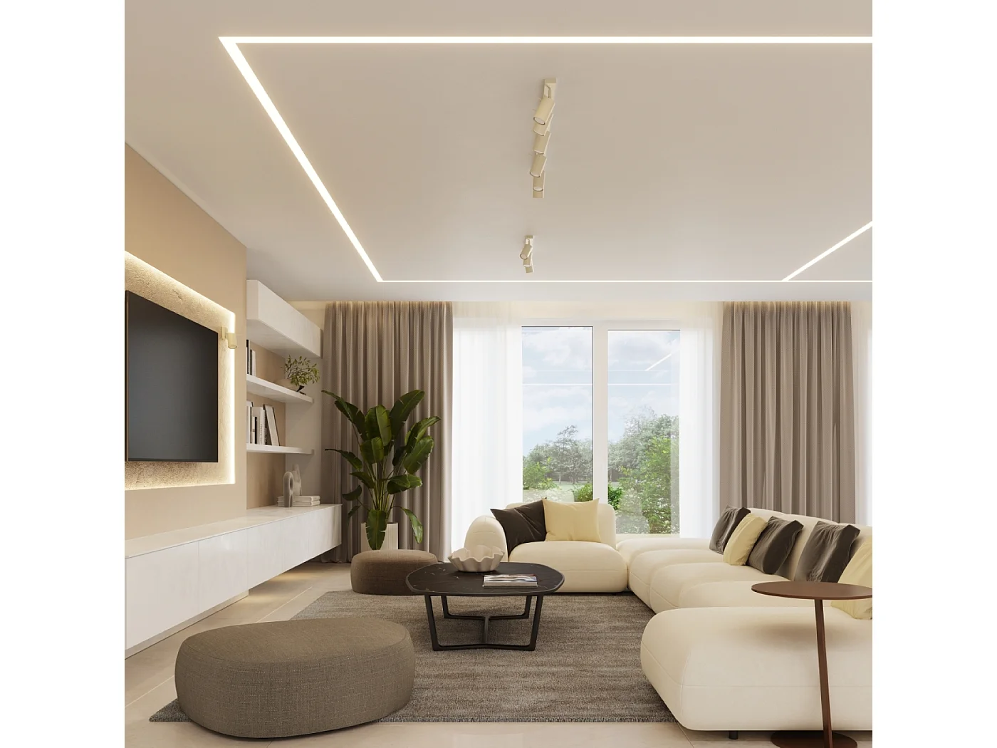 Lampada da soffitto RING moderno di acciaio - 4 sorgenti luminose - L.81 x A.17 cm - beige