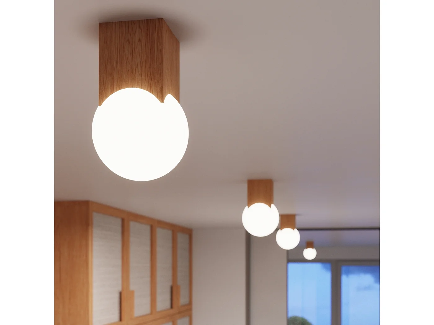 Lampa Sufitowa Minimalistyczny Solis, Drewno/Szkło - 1 Źródło - L.12 X H.19 Cm - Natruralne Drewno/Biały