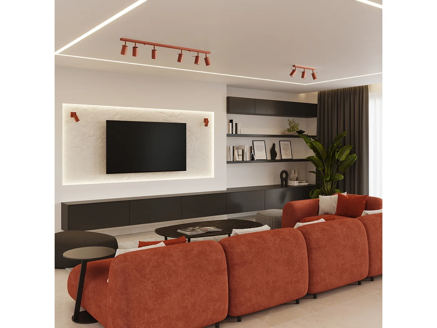 Lampada da soffitto RING moderno di acciaio - 6 sorgenti luminose - L.117 x A.17 cm - ocra rossa