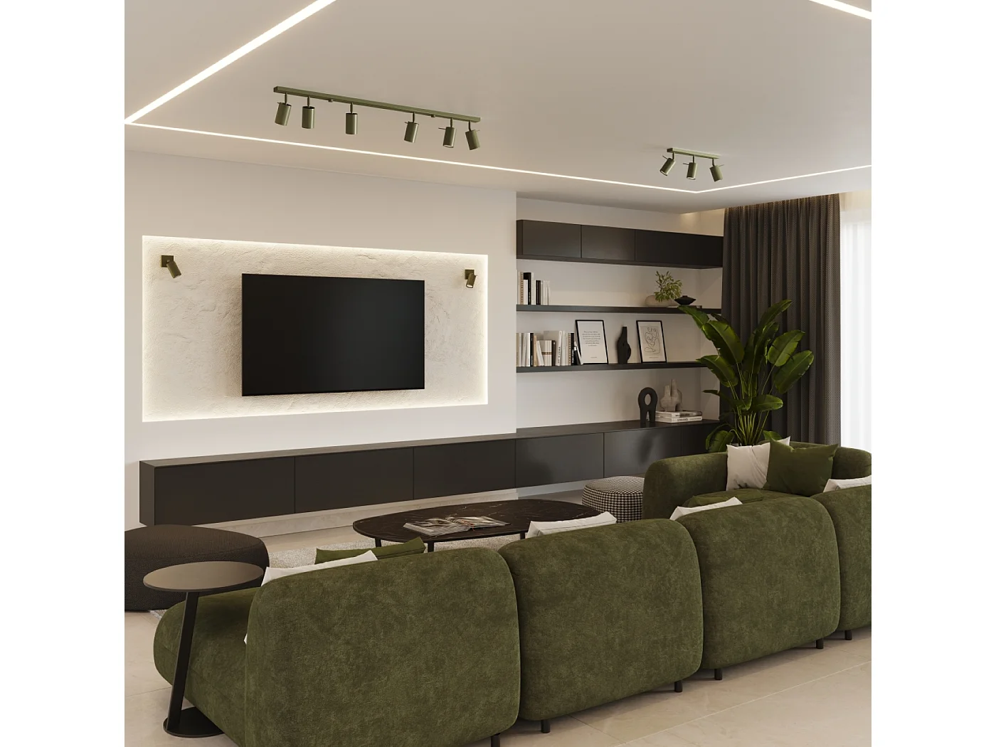 Plafonnier Ring Moderne En Acier - 4 Sources Lumineuses - L.81 X H.17 Cm - Vert Olive