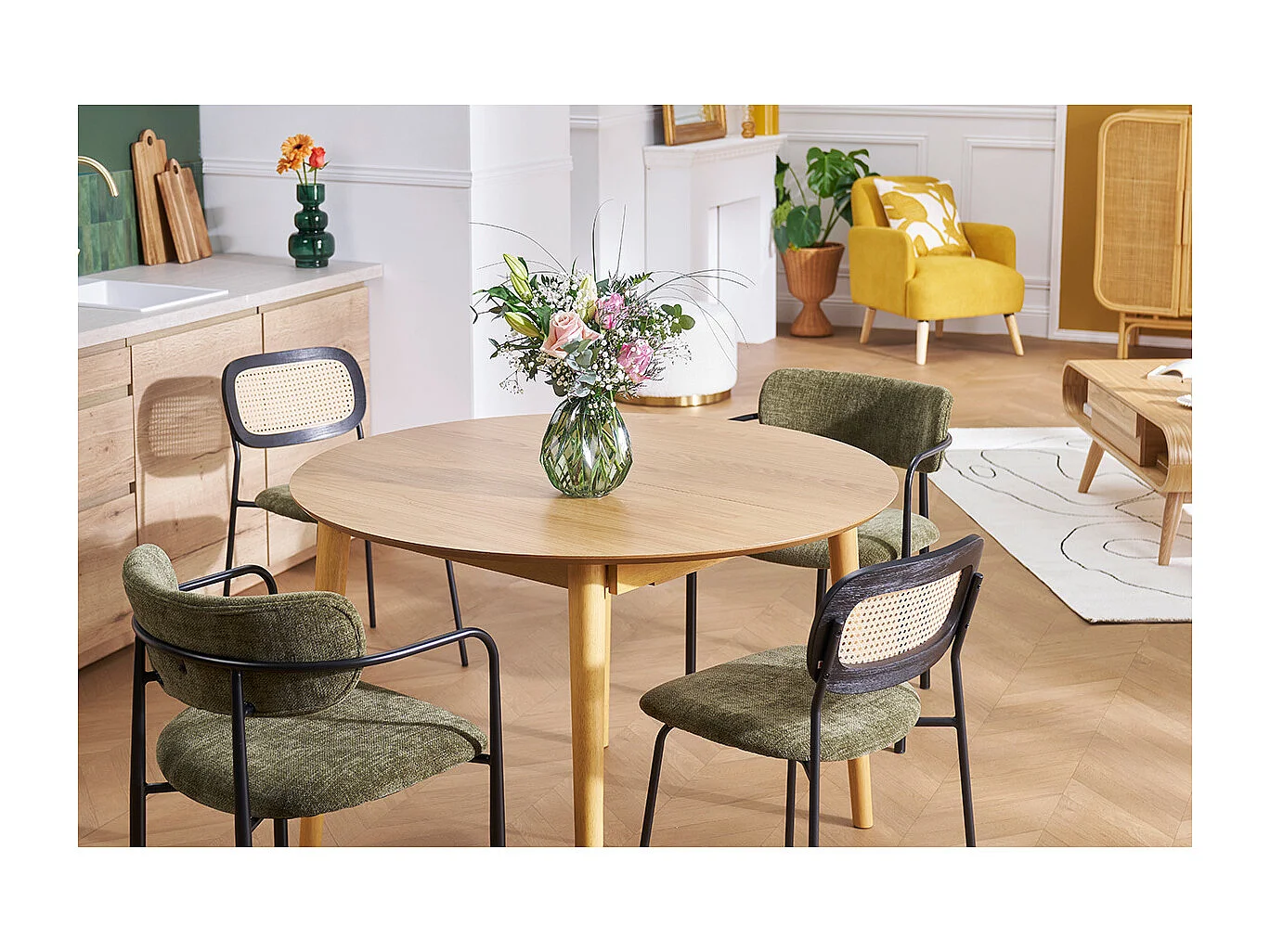 Table extensible rallonges intégrées ronde en bois clair chêne L115-154 cm EGO