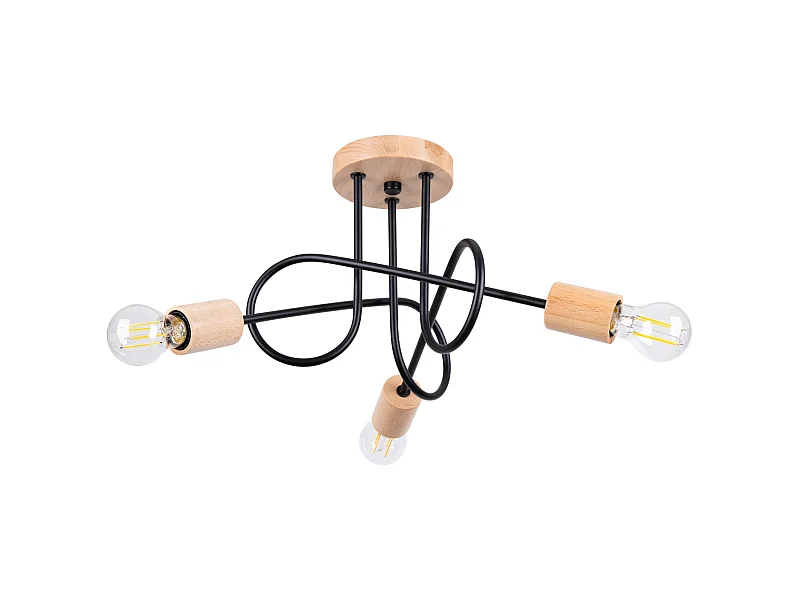 Lustre Ember Minimaliste En Acier/Bois - 3 Sources Lumineuses - L.14 X H.26 Cm - Noir/Bois Naturel