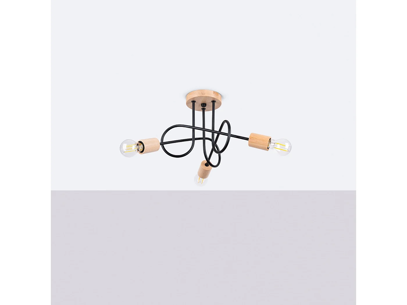 Lustre EMBER minimalista, aço/madeira - 3 lichtbronnen - L.14 x H.26 cm - madeira preta/natural