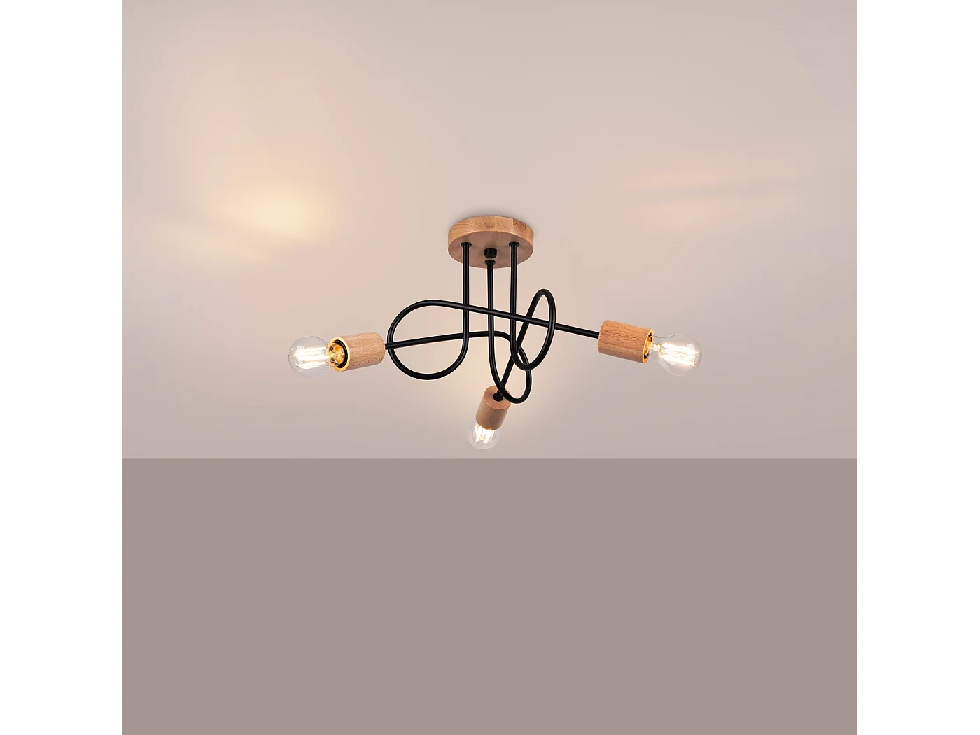 Lustre EMBER minimalista, aço/madeira - 3 lichtbronnen - L.14 x H.26 cm - madeira preta/natural
