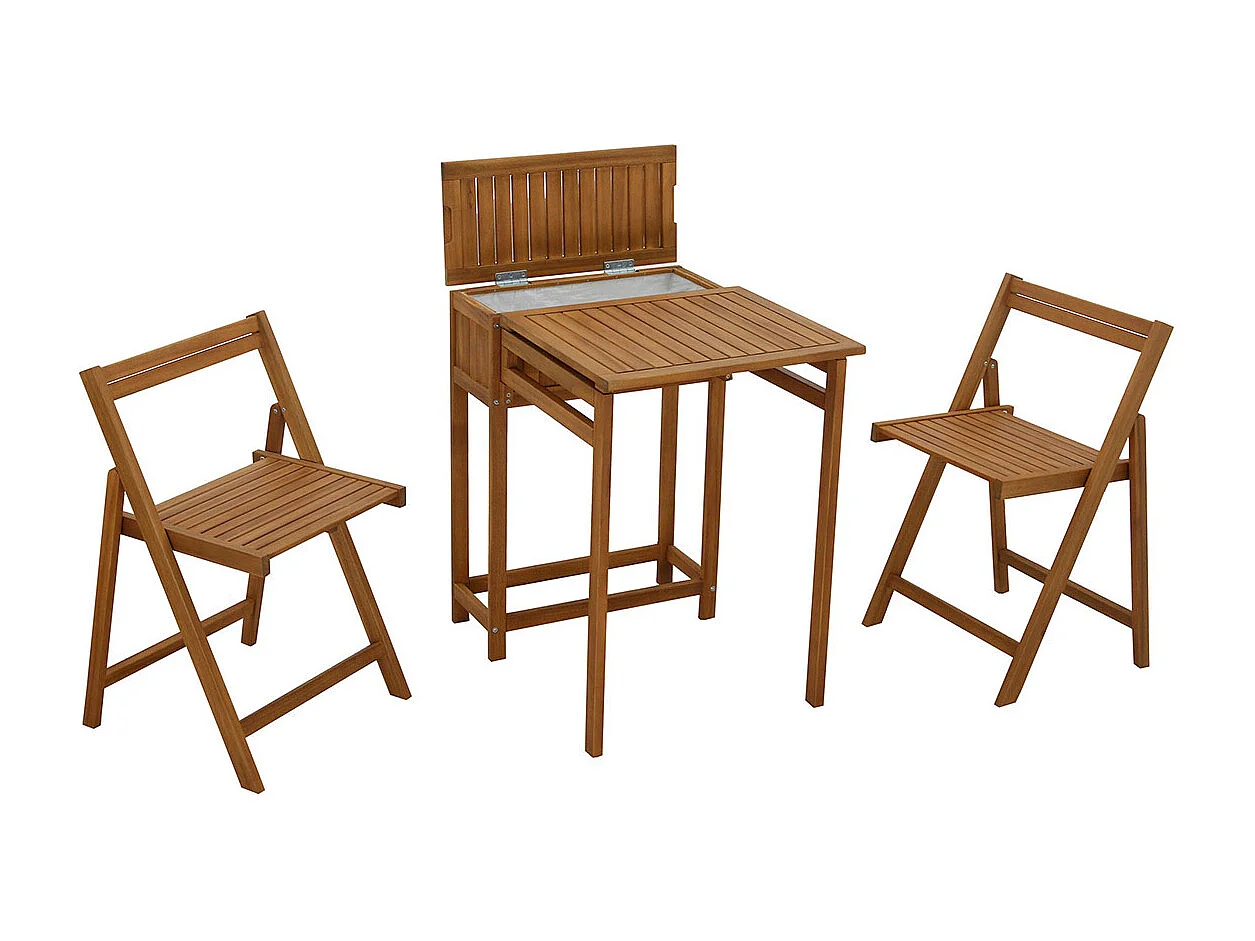 Set de 2 chaises pliantes et 1 table de balcon rabattable avec rangement en bois massif PRADO