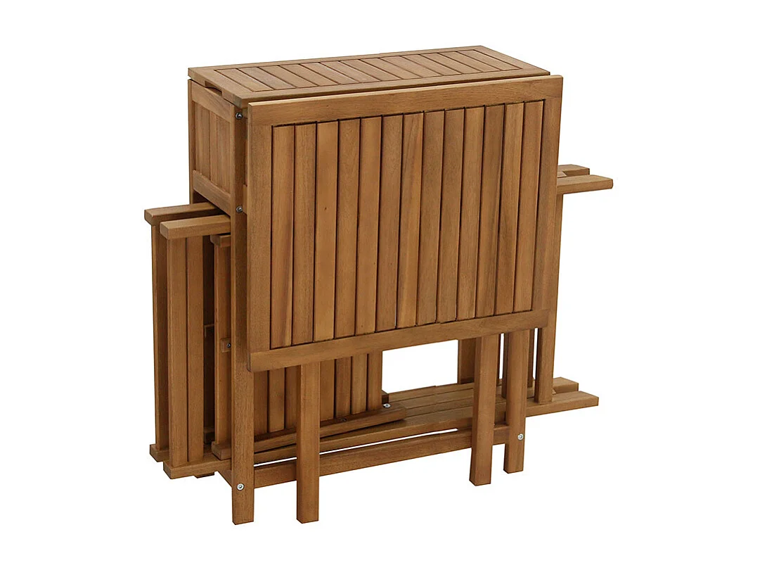 Set de 2 chaises pliantes et 1 table de balcon rabattable avec rangement en bois massif PRADO