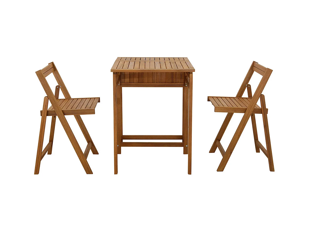 Conjunto de 2 sillas plegables y 1 mesa de balcón abatible con almacenaje de madera maciza PRADO