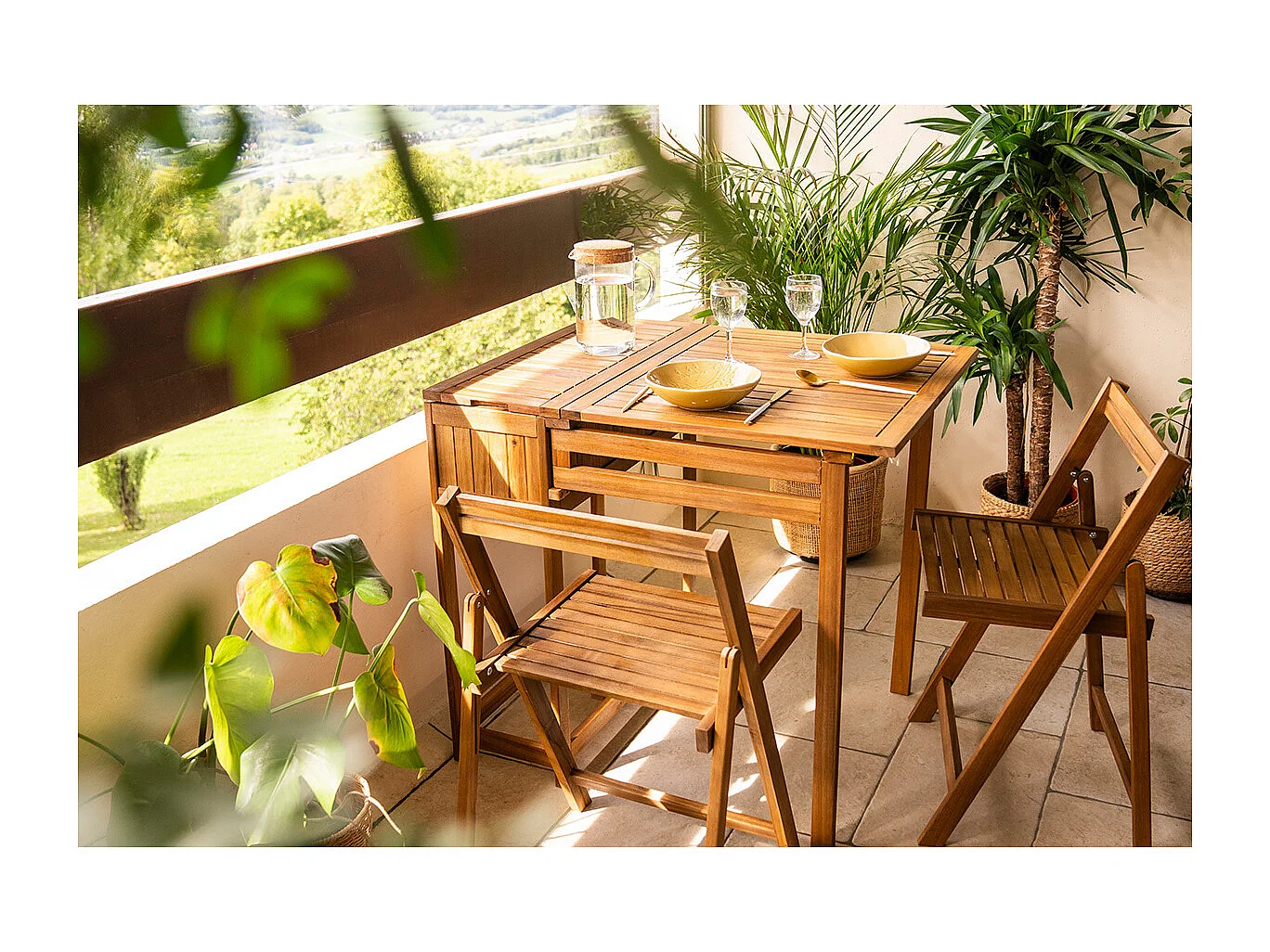 Set de 2 chaises pliantes et 1 table de balcon rabattable avec rangement en bois massif PRADO