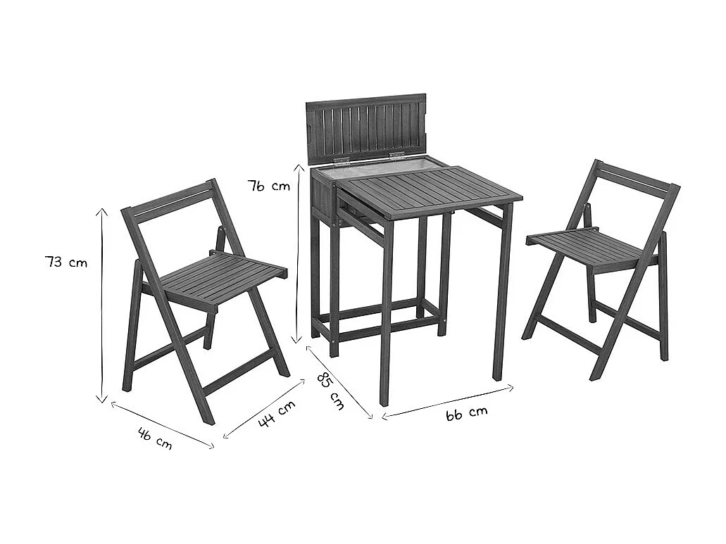 Set de 2 chaises pliantes et 1 table de balcon rabattable avec rangement en bois massif PRADO
