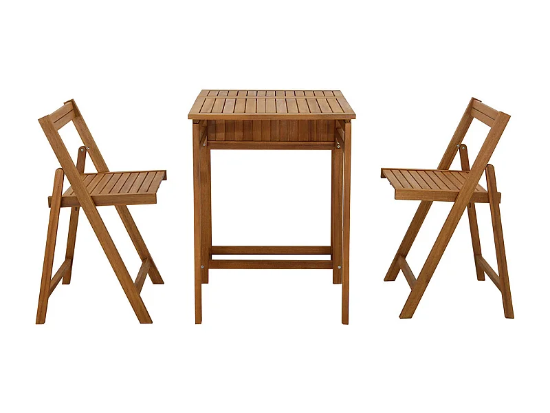 Set de 2 chaises pliantes et 1 table de balcon rabattable avec rangement en bois massif PRADO