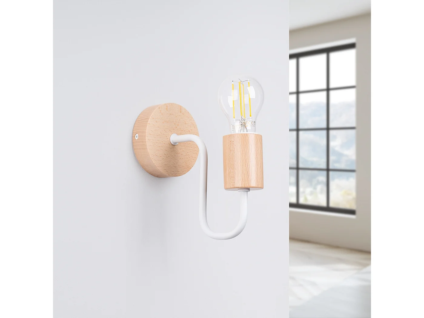 Wandlamp TIMBO zolder van  - 1 lichtbronnen - L.8 x H.18,5 cm - wit/natuurlijk hout