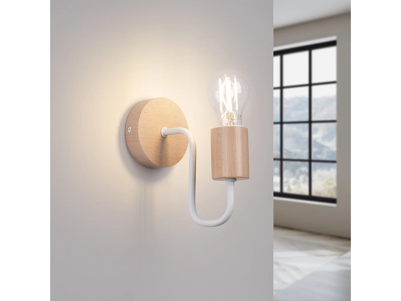 Wandlamp TIMBO zolder van  - 1 lichtbronnen - L.8 x H.18,5 cm - wit/natuurlijk hout