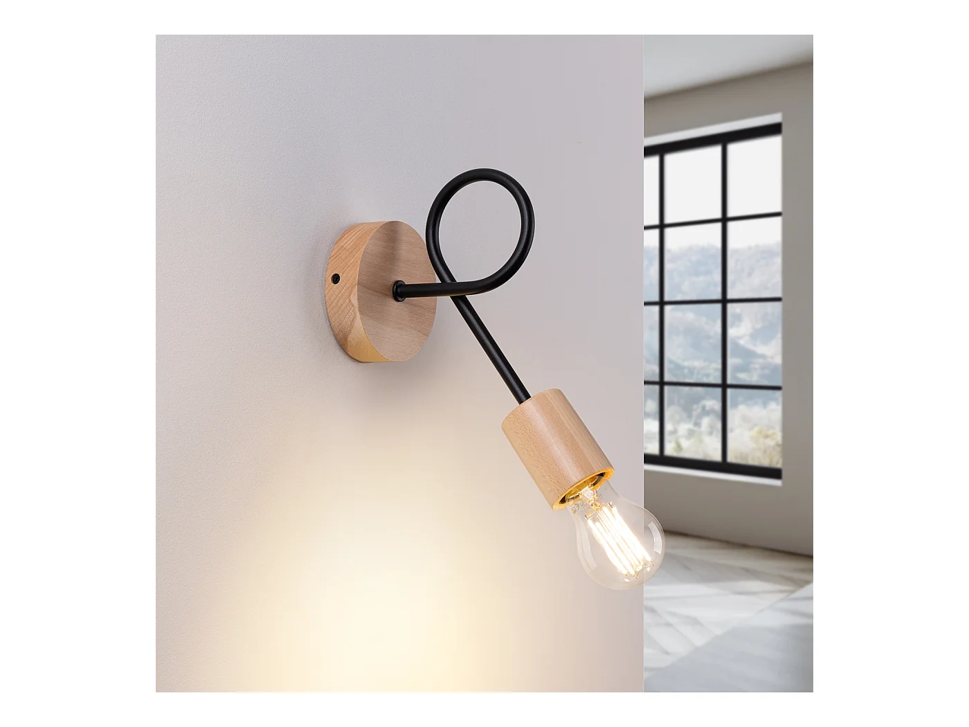 Applique Ember Minimaliste En Acier/Bois - 1 Sources Lumineuses - L.10 X H.24 Cm - Noir/Bois Naturel