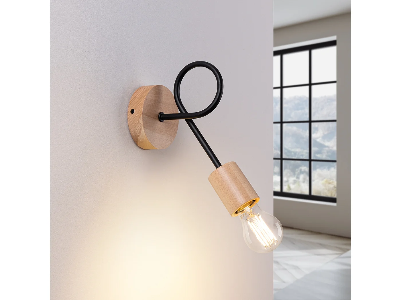 Lampada da parete EMBER minimalista di acciaio/legno - 1 sorgenti luminose - L.10 x A.24 cm - nero/legno naturale
