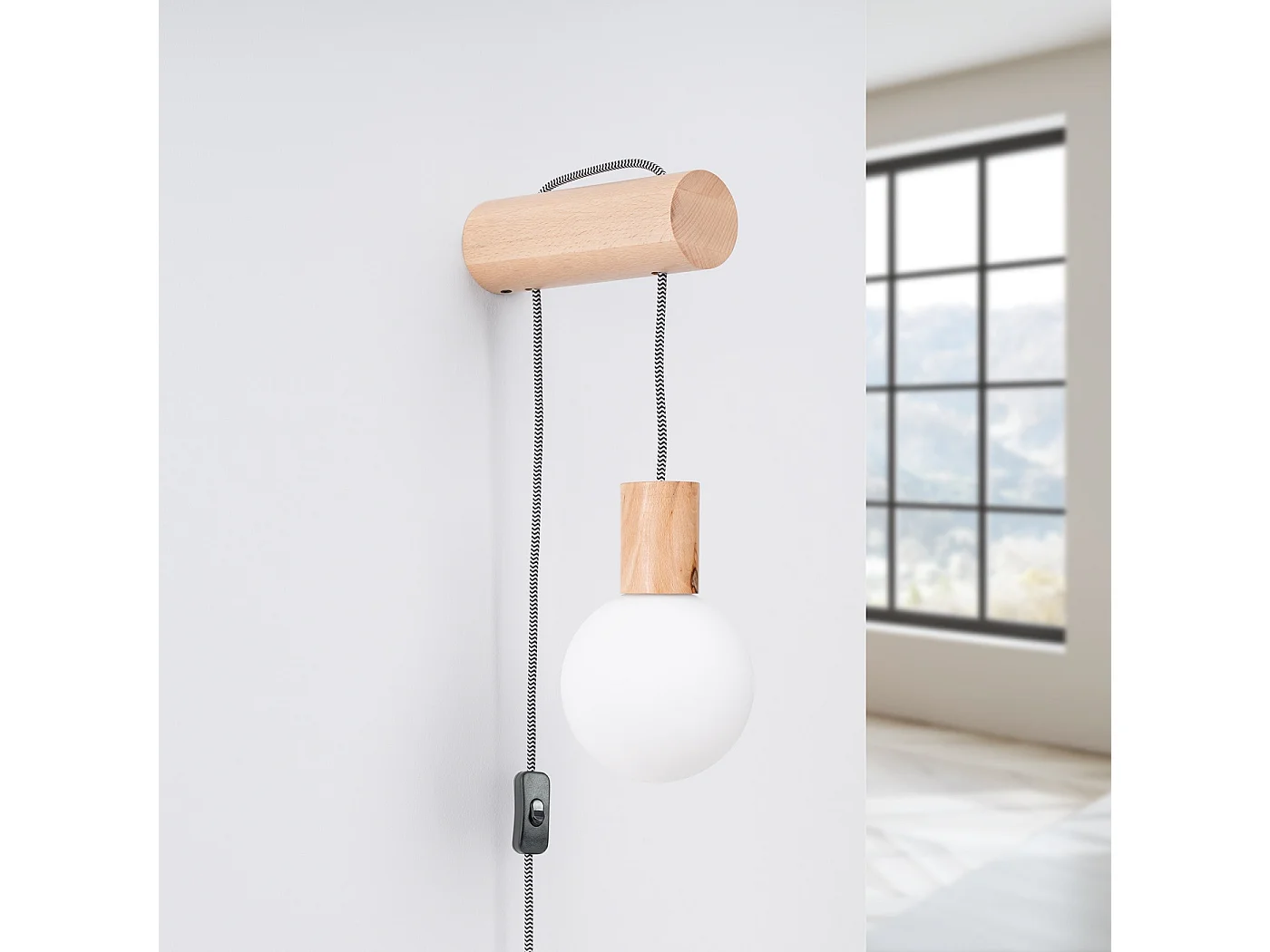 Wandlamp NIMBI zolder van  - 1 lichtbronnen - L.6 x H.67 cm - natuurlijk hout/wit/zwart