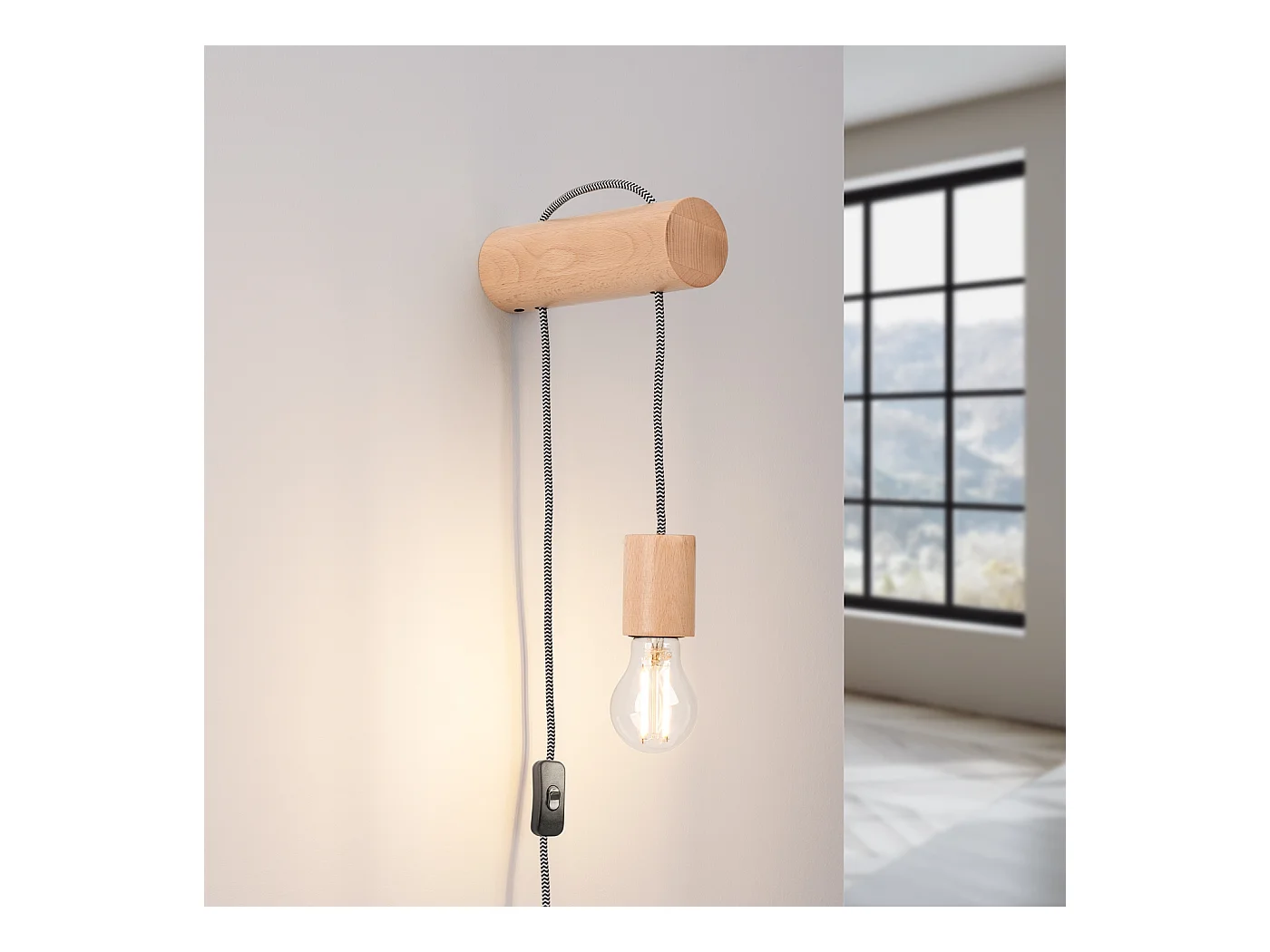 Lampa Ścienna Loft Nimbi, Drewno - 1 Źródło - L.6 X H.55 Cm - Naturalne Drewno/Biały/Czarny