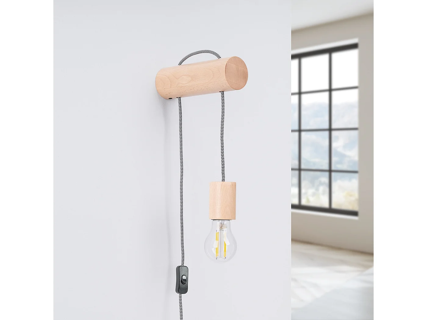 Wandlamp NIMBI zolder van  - 1 lichtbronnen - L.6 x H.55 cm - natuurlijk hout/wit/zwart