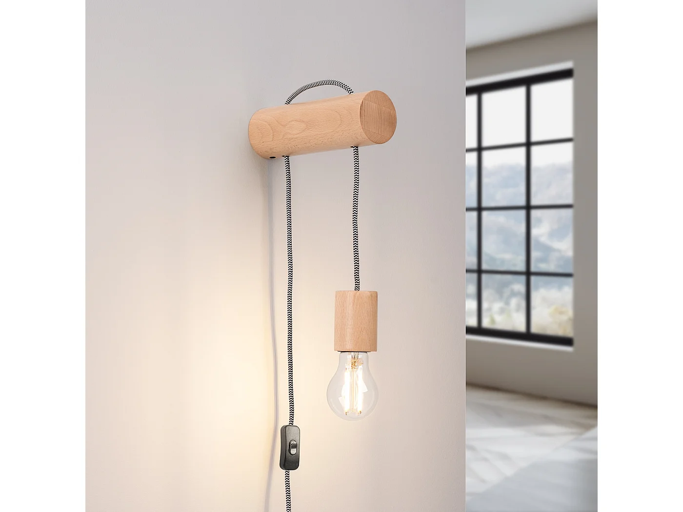 Wandlamp NIMBI zolder van  - 1 lichtbronnen - L.6 x H.55 cm - natuurlijk hout/wit/zwart