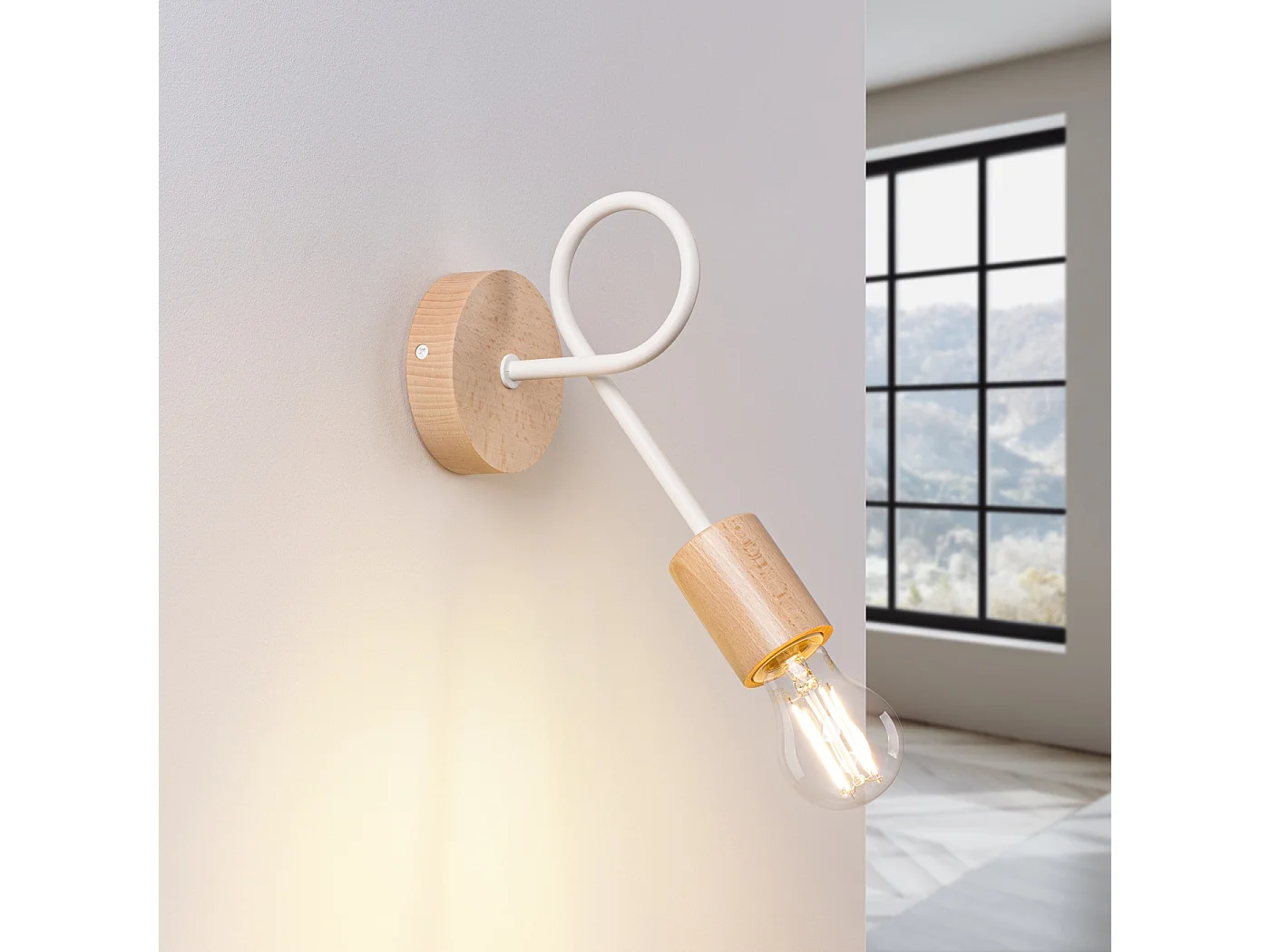 Wandlamp EMBER minimalistisch van  - 1 lichtbronnen - L.10 x H.24 cm - wit/natuurlijk hout