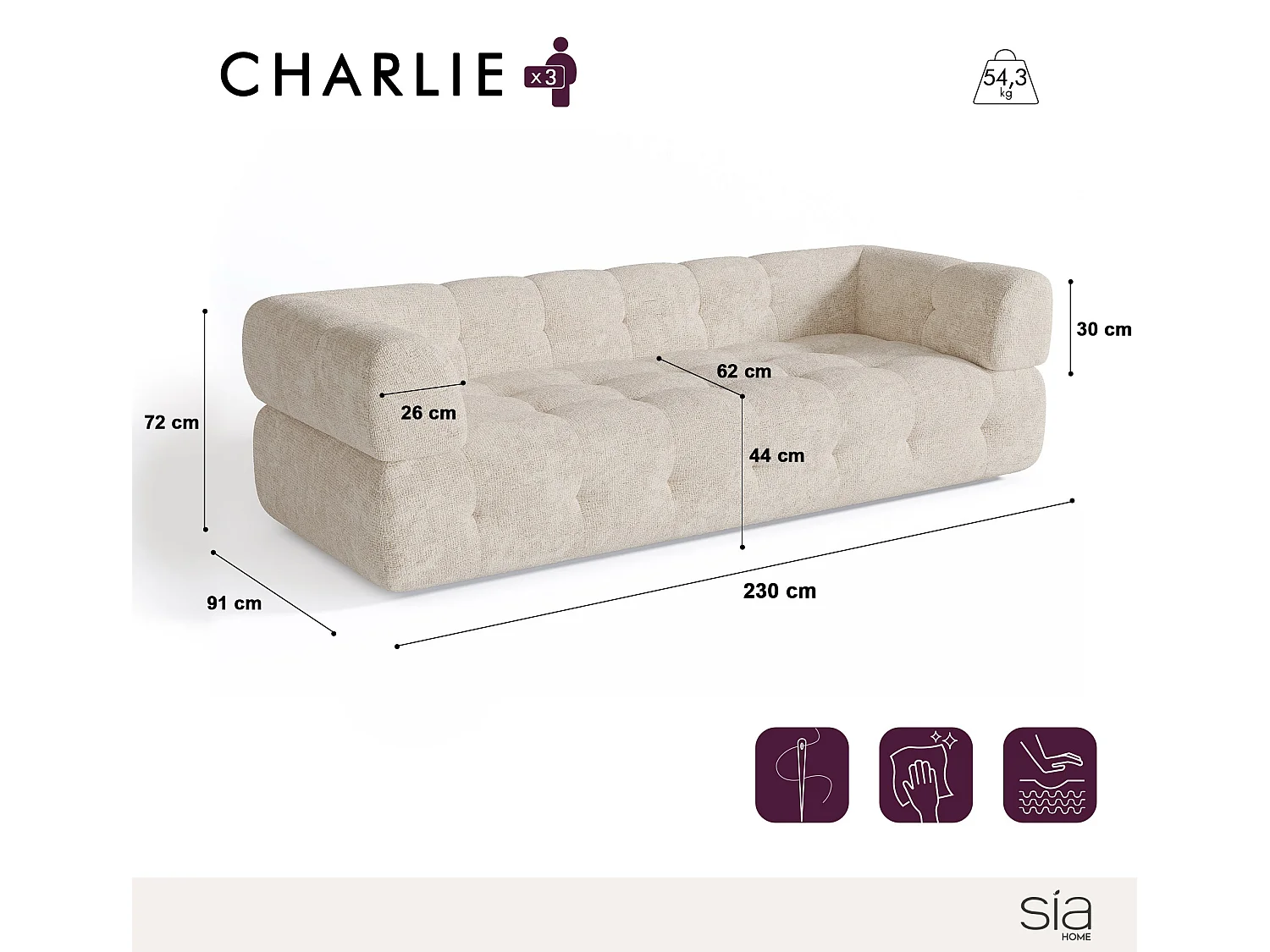 Canapé 3 places velours chenillé crème 230cm CHARLIE