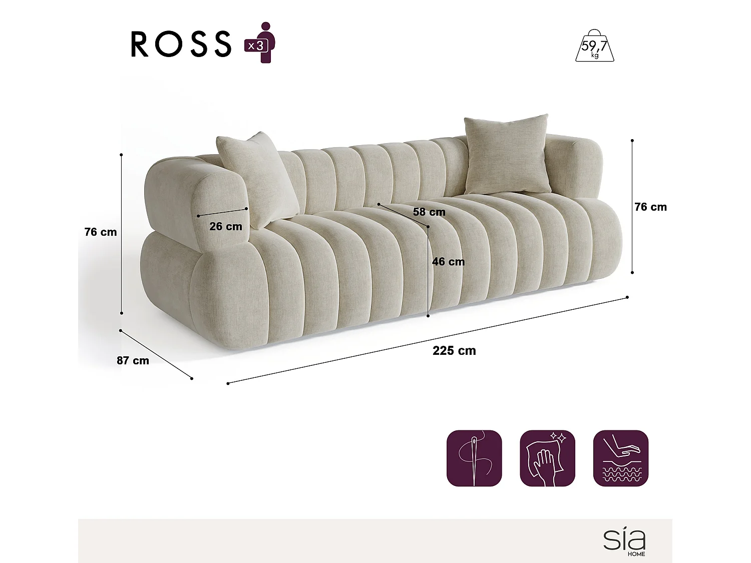 Canapé 3 places bouclette crème 225cm ROSS