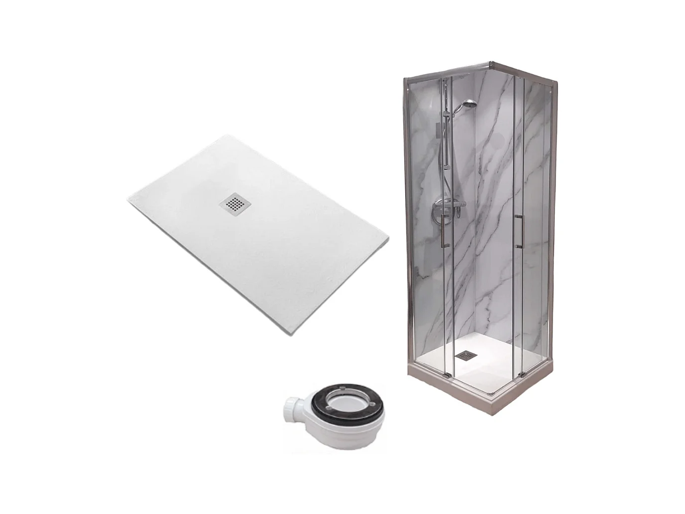 Plato de Ducha 85x85 cm Línea Vulcano Extra Fino Blanco + Mampara de Ducha 85x85 cm Alto 200 cm Con Apertura en Esquina