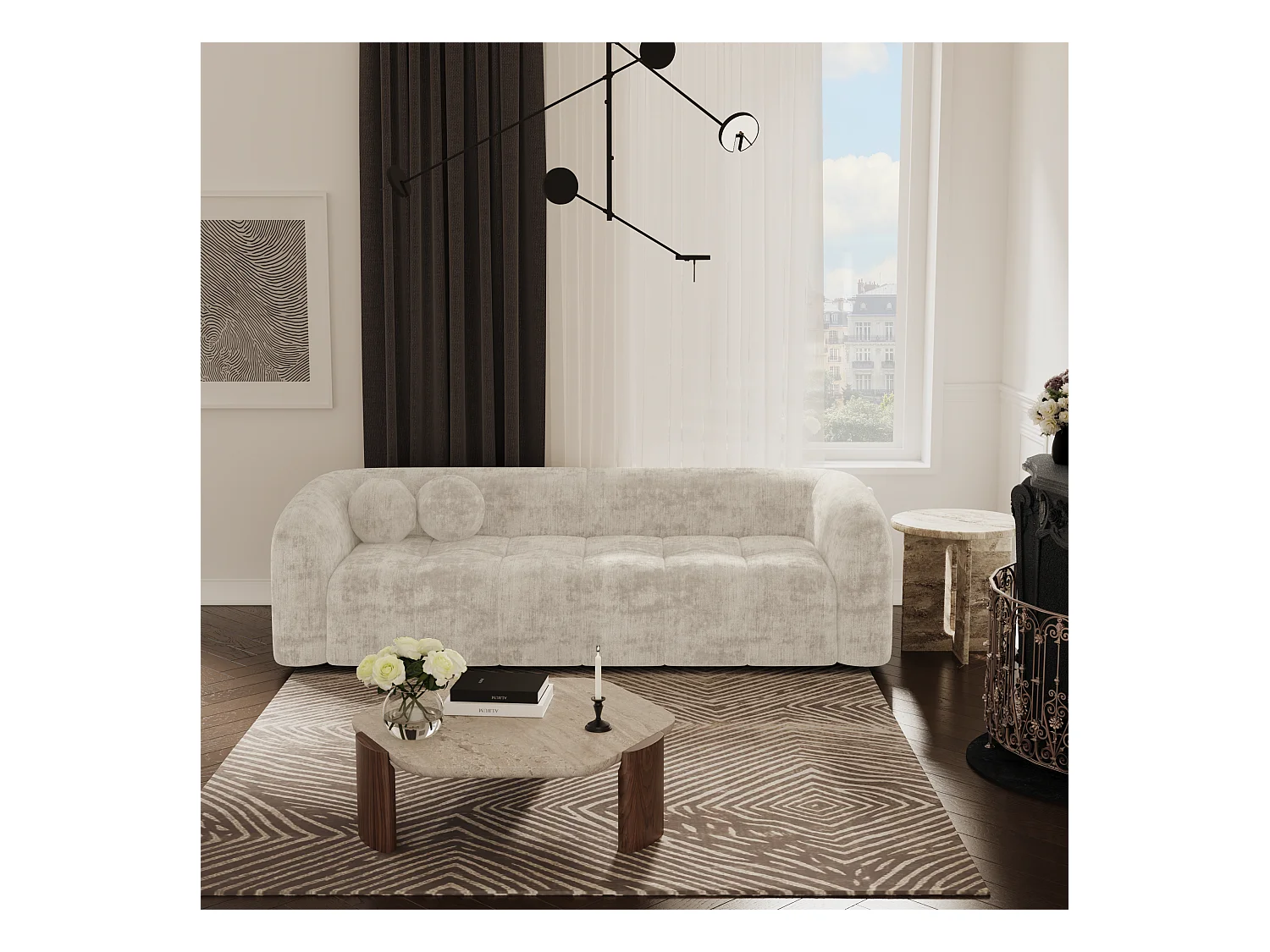 Canapé 3 places velours crème 226cm HAUSSMANN