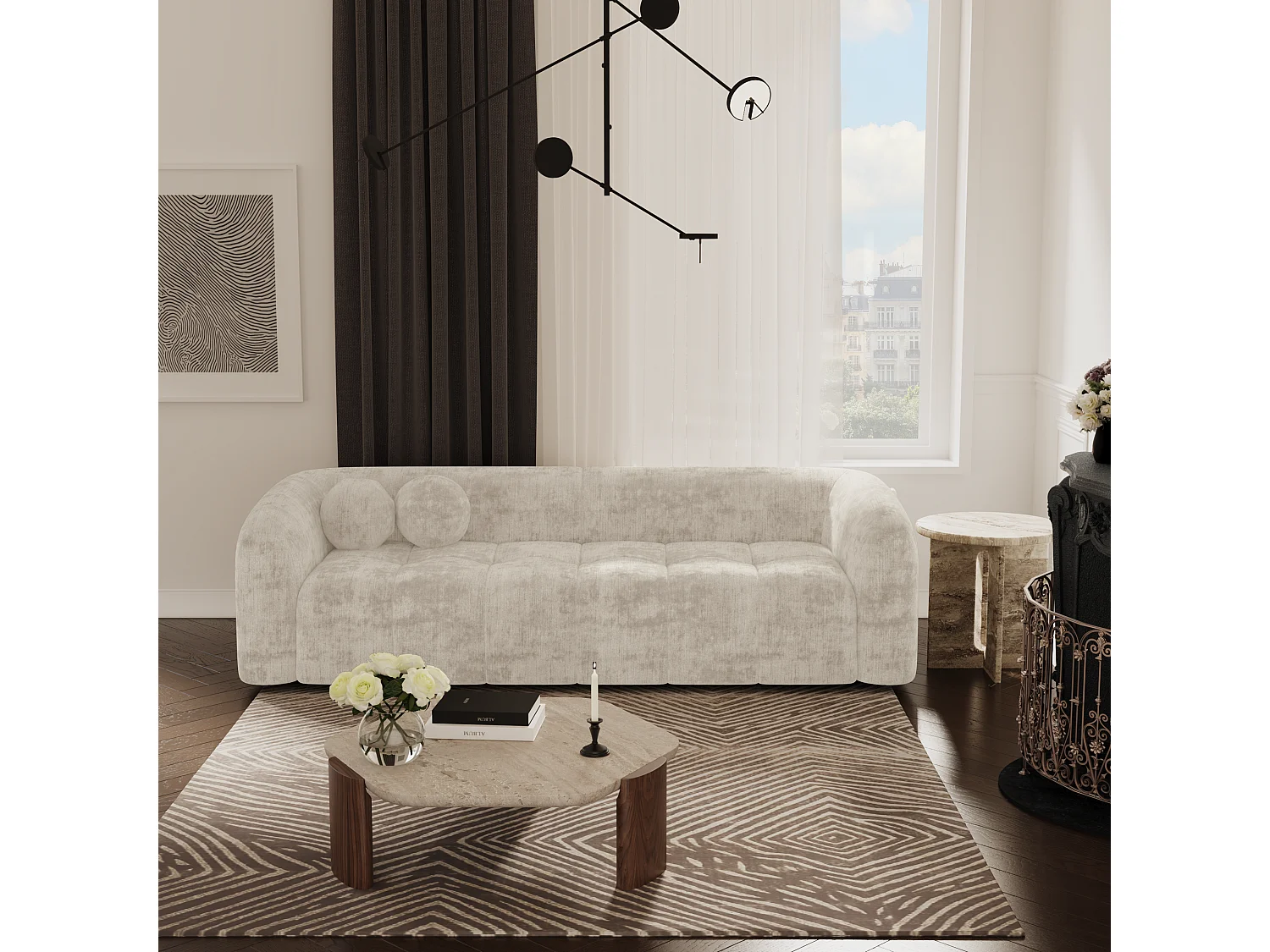 Canapé 3 places velours crème 226cm HAUSSMANN