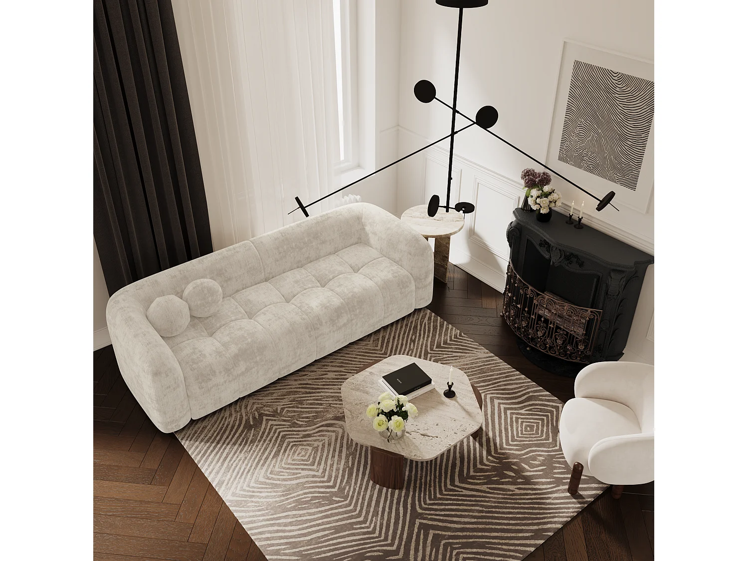 Canapé 3 places velours crème 226cm HAUSSMANN