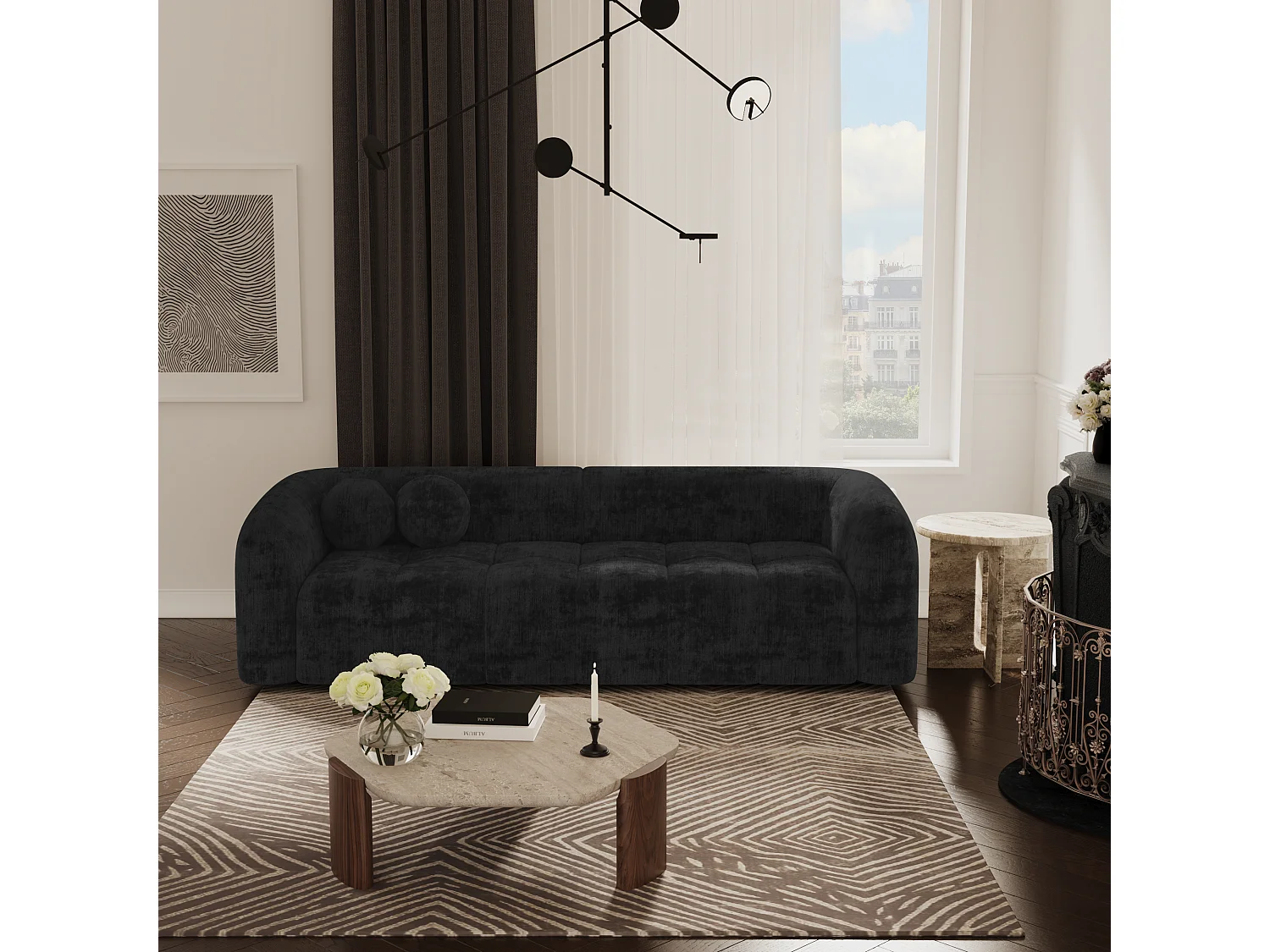 Canapé 3 places velours noir 226cm HAUSSMANN