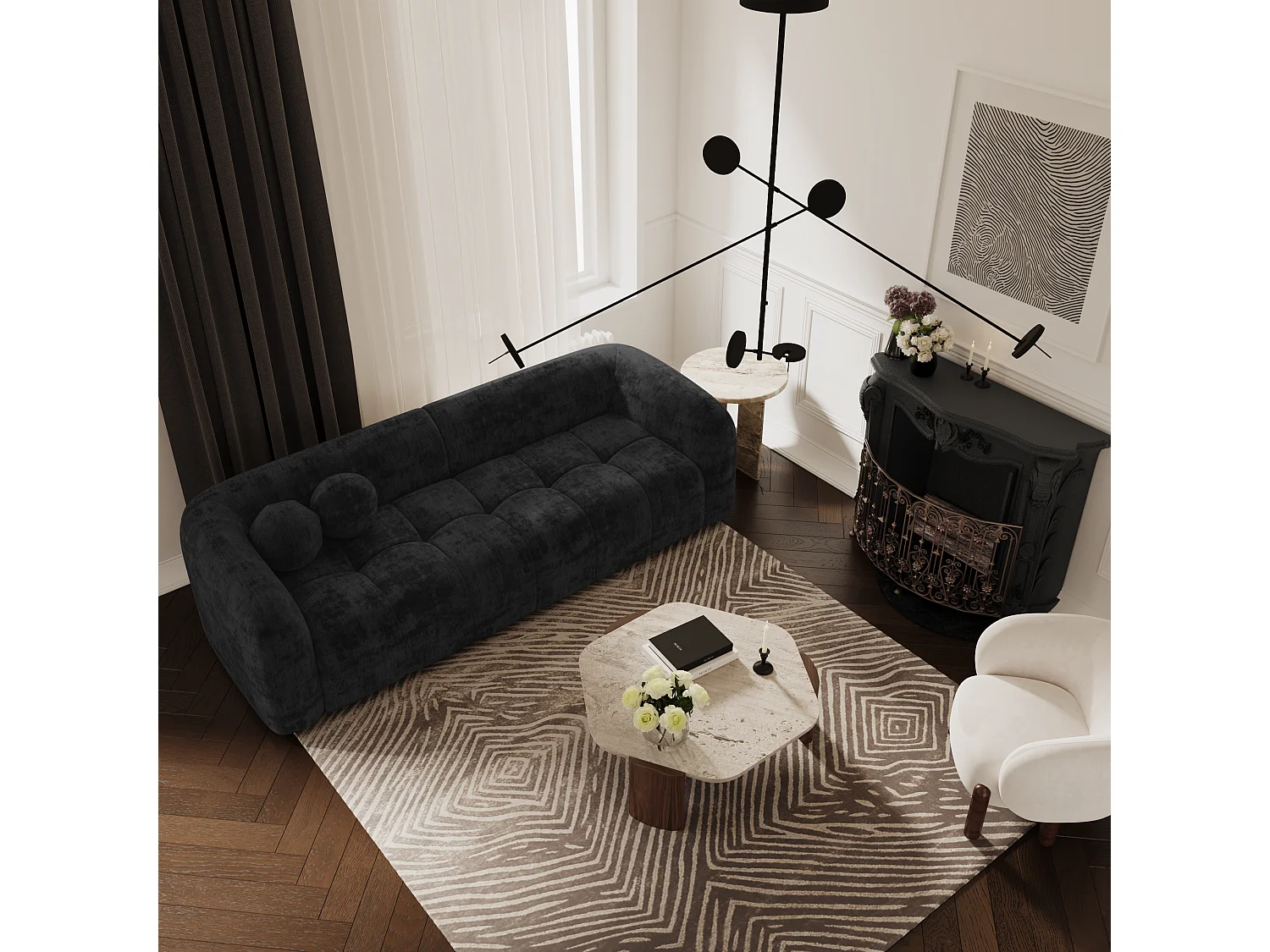 Canapé 3 places velours noir 226cm HAUSSMANN