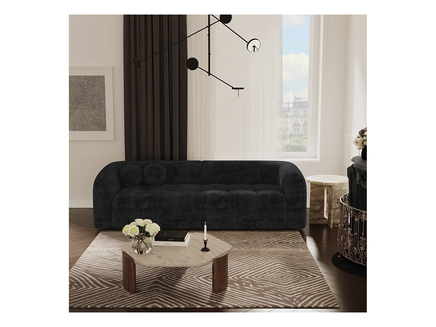 Canapé 3 places velours noir 226cm HAUSSMANN