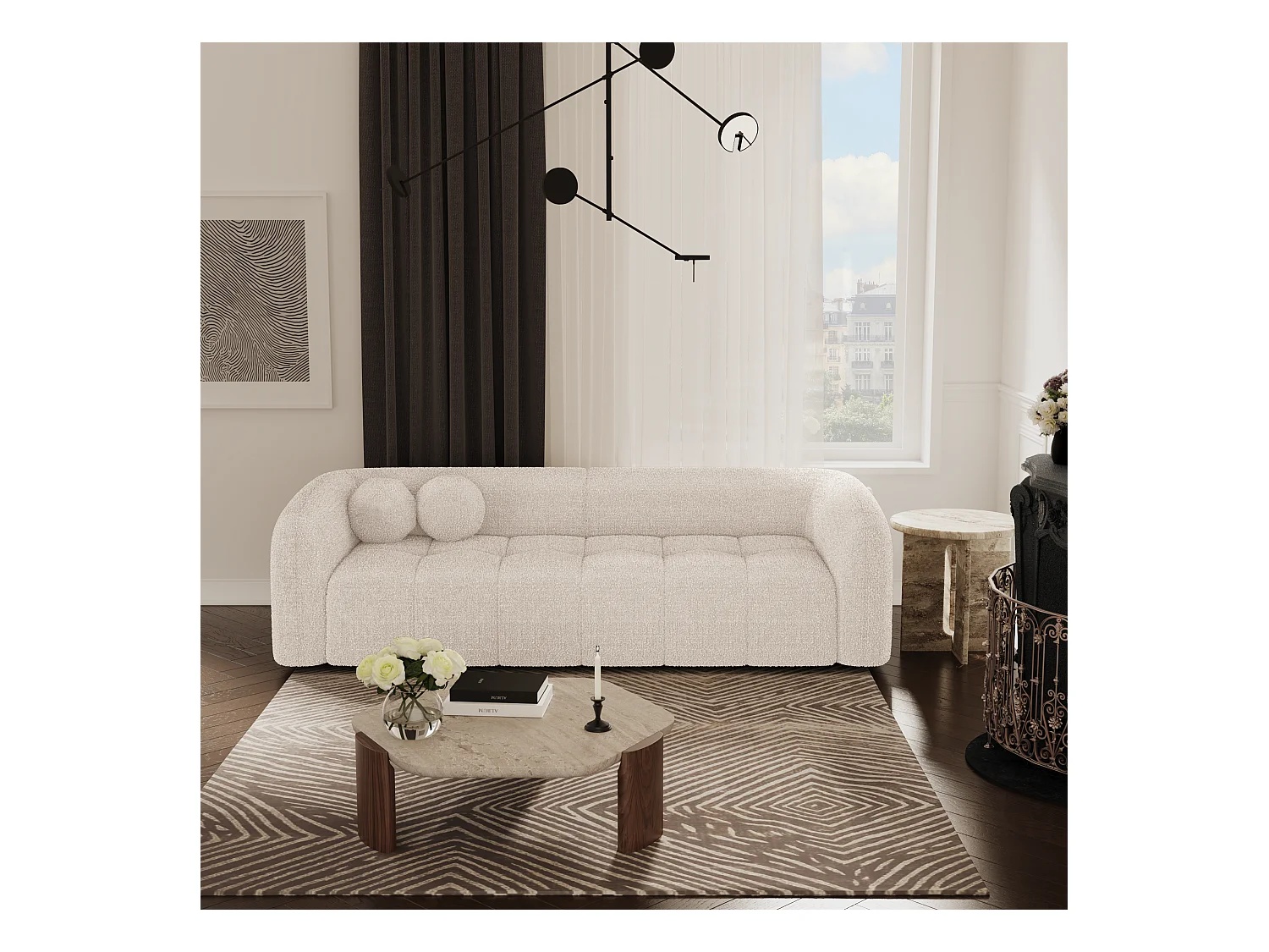 Canapé 3 places bouclette crème 226cm  HAUSSMANN