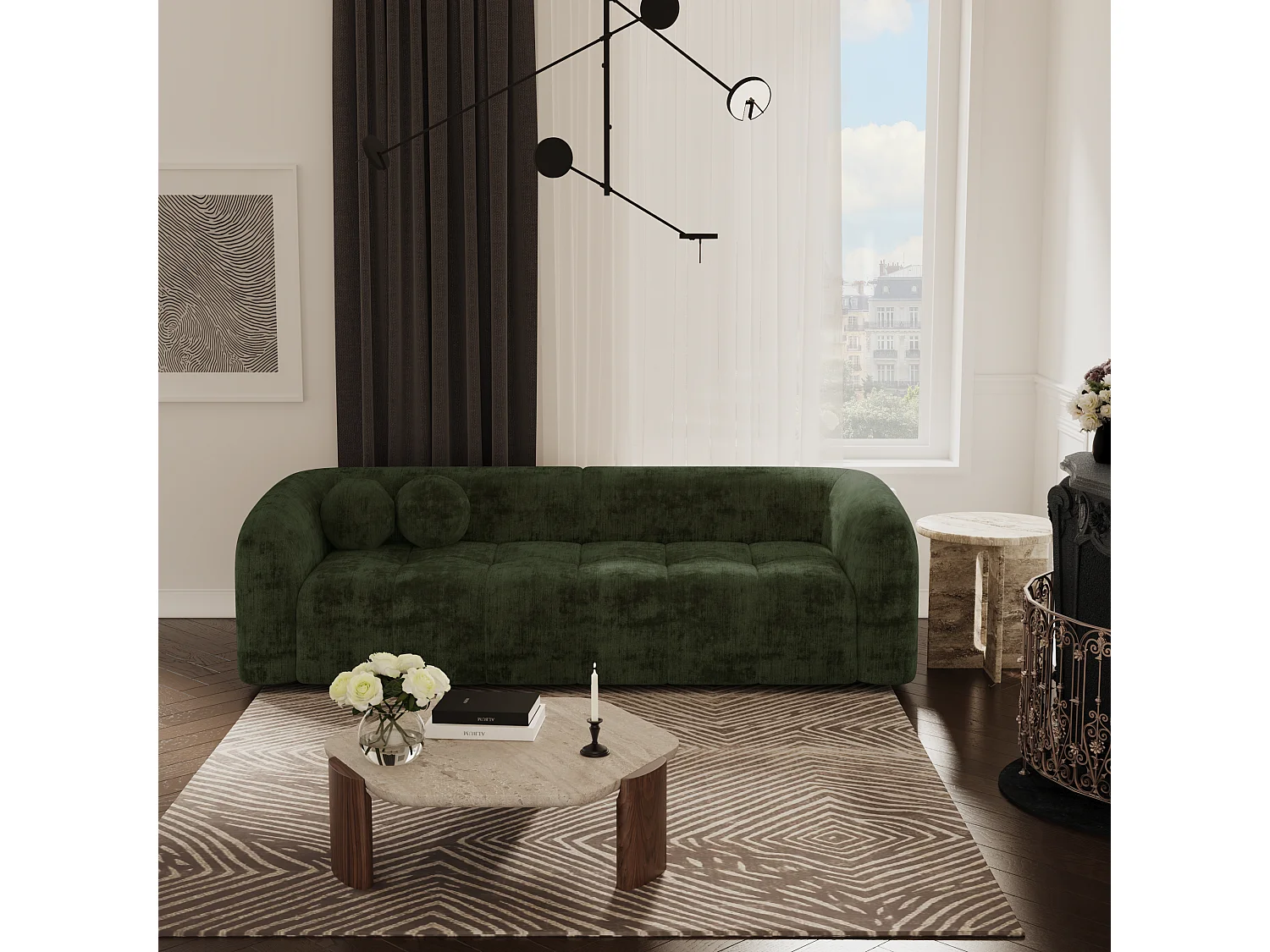 Canapé 3 places velours vert kaki 226cm HAUSSMANN