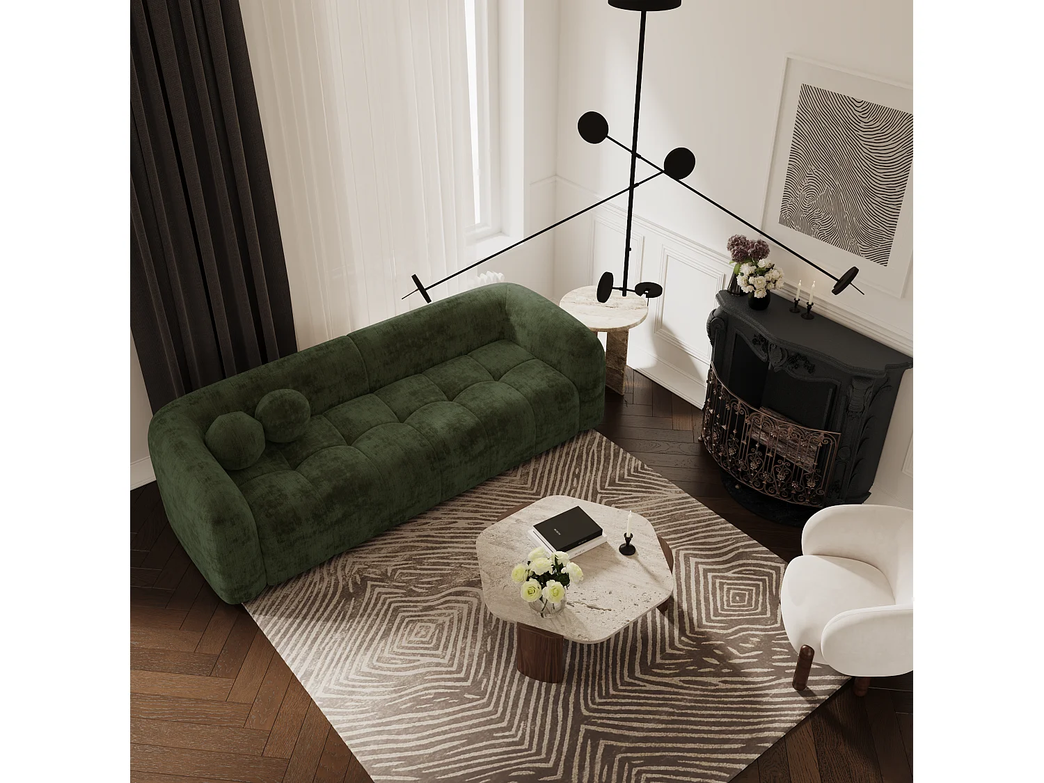 Canapé 3 places velours vert kaki 226cm HAUSSMANN