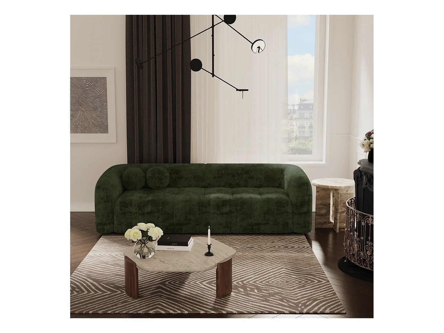 Canapé 3 places velours vert kaki 226cm HAUSSMANN