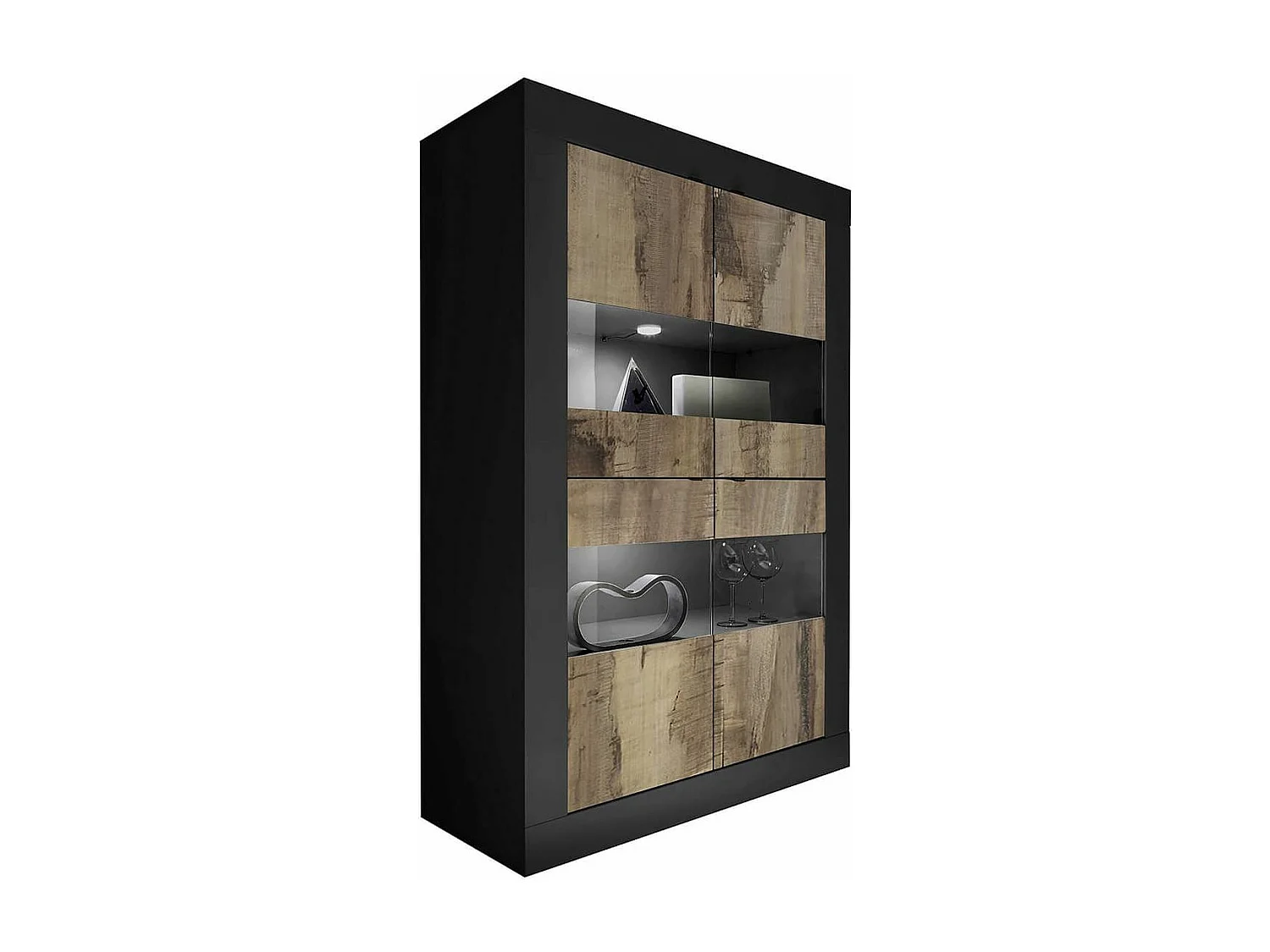 OTELLO - Vitrine 4 Portes Finition Noir Mat et Aspect Bois Antik avec Leds