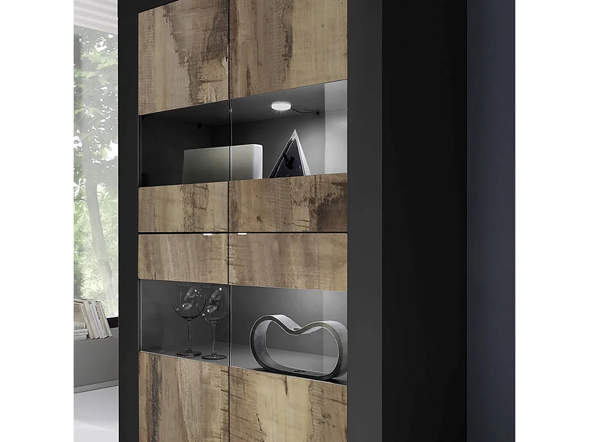 OTELLO - Vitrine 4 Portes Finition Noir Mat et Aspect Bois Antik avec Leds